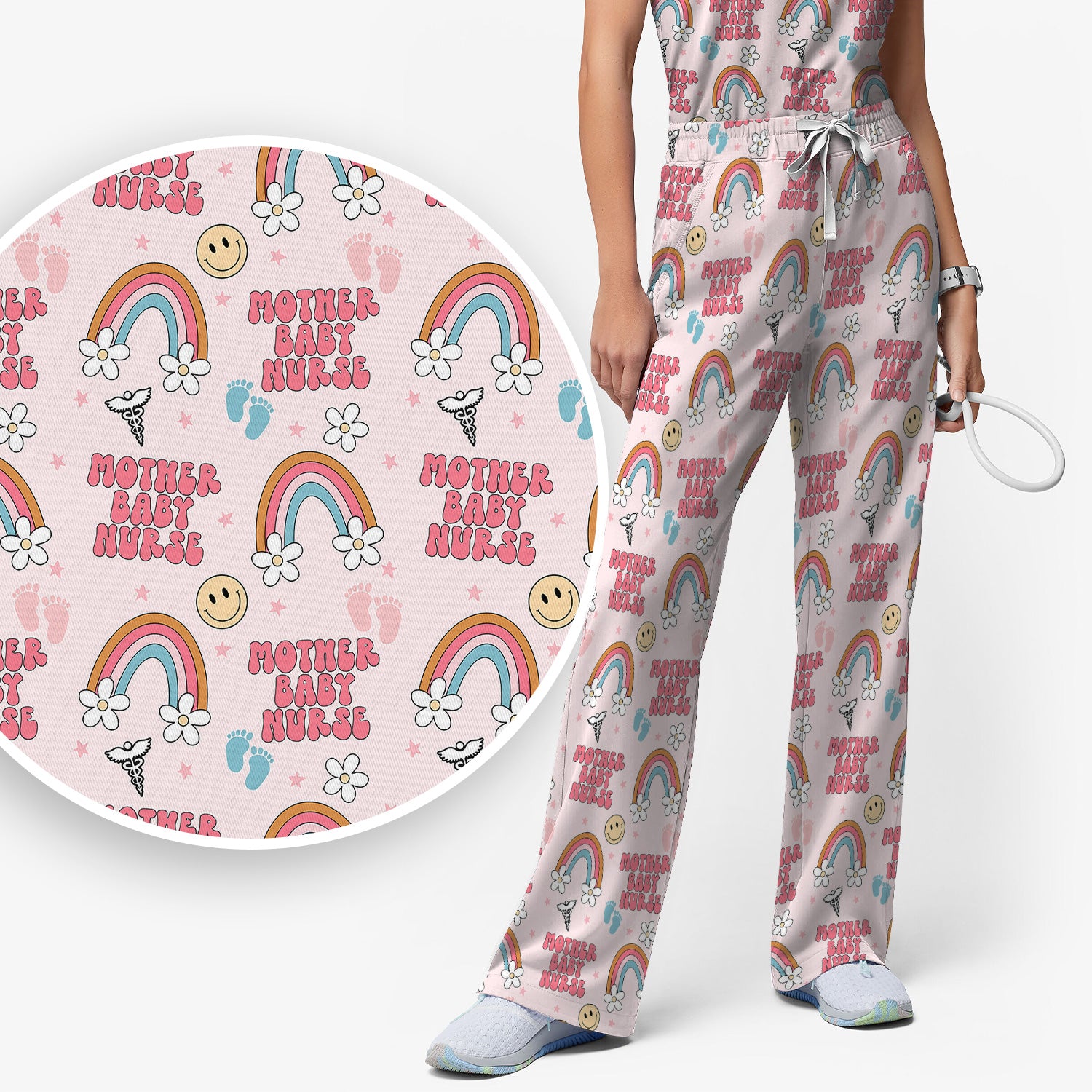 Sweet Mother Baby Nurse Rainbow Pattern Scrub Set, Scrub Pants and V Neck Top