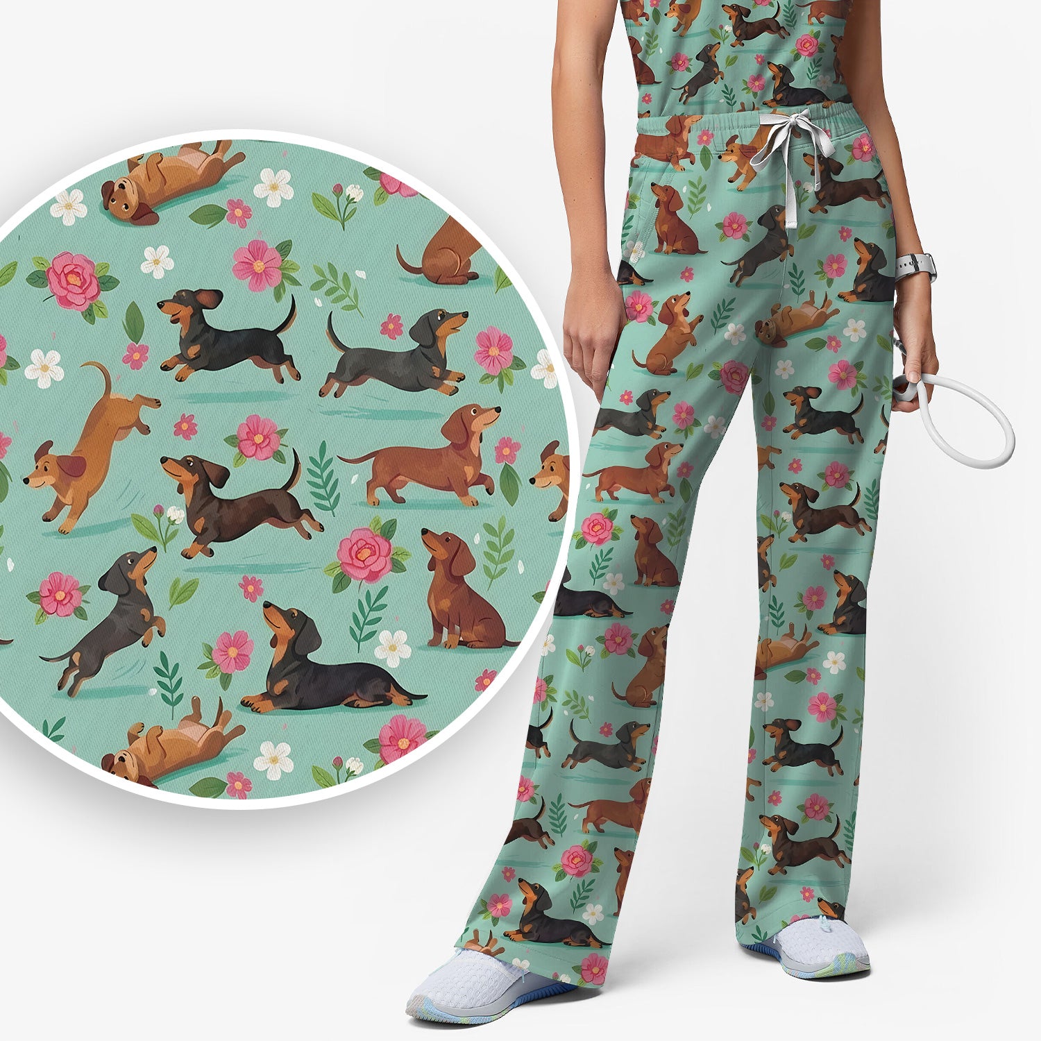 Cute Floral Dachshund Puppy Pattern Scrub Set, Scrub Pants and V Neck Top