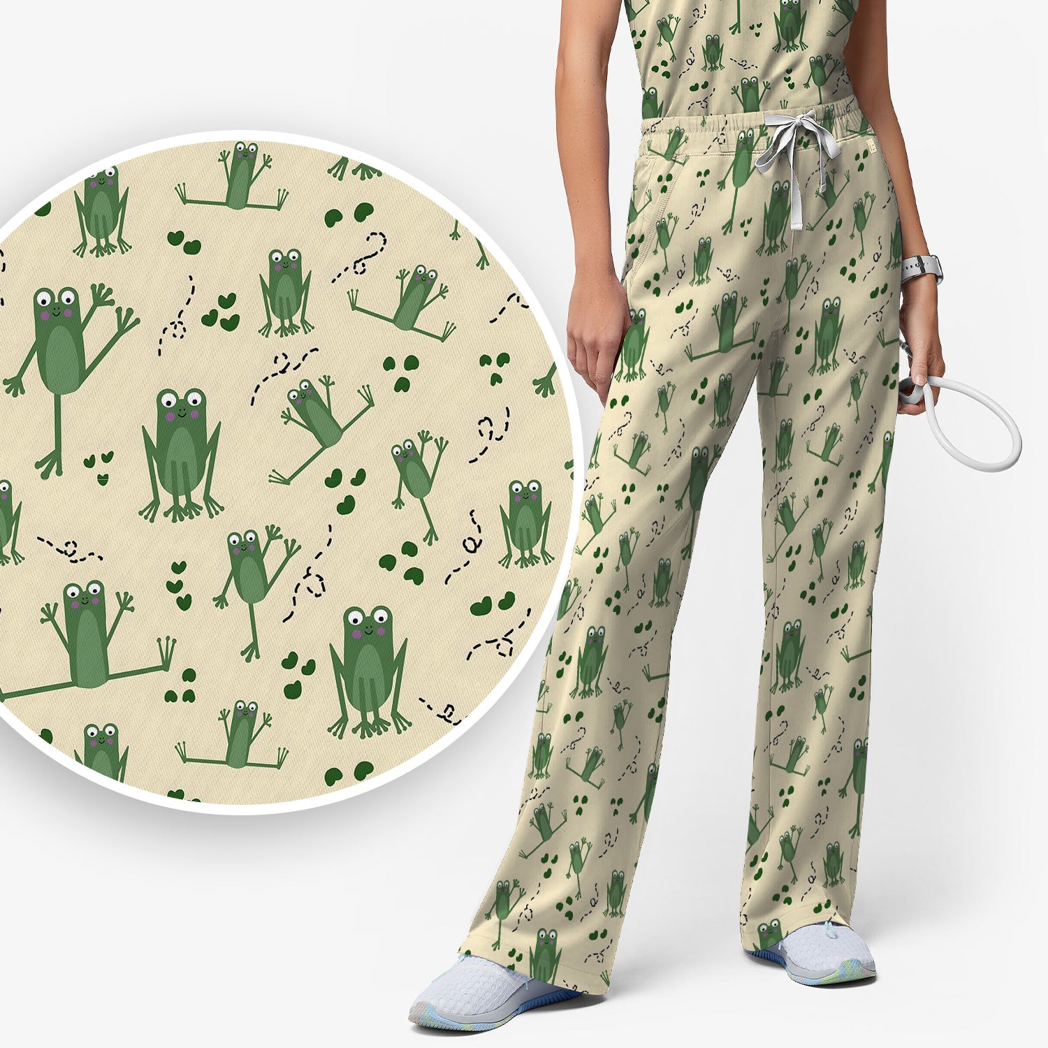 Frog Jumping Footprint Trail Pattern Scrub Set, Scrub Pants and V Neck Top