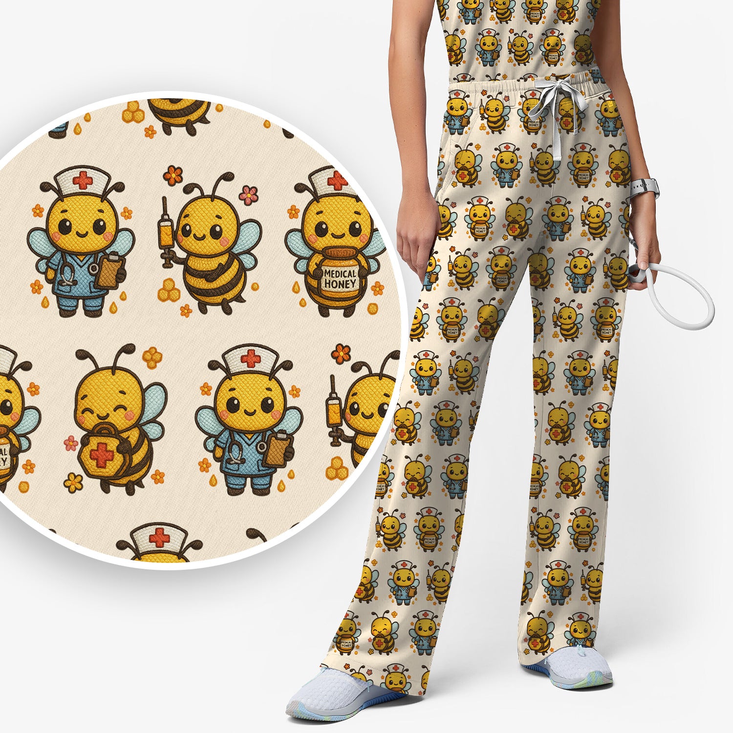 Cute Nurse Bee Scrub Set, Kawaii Medical Honey Bee Pattern Shirt for Nursing Professionals