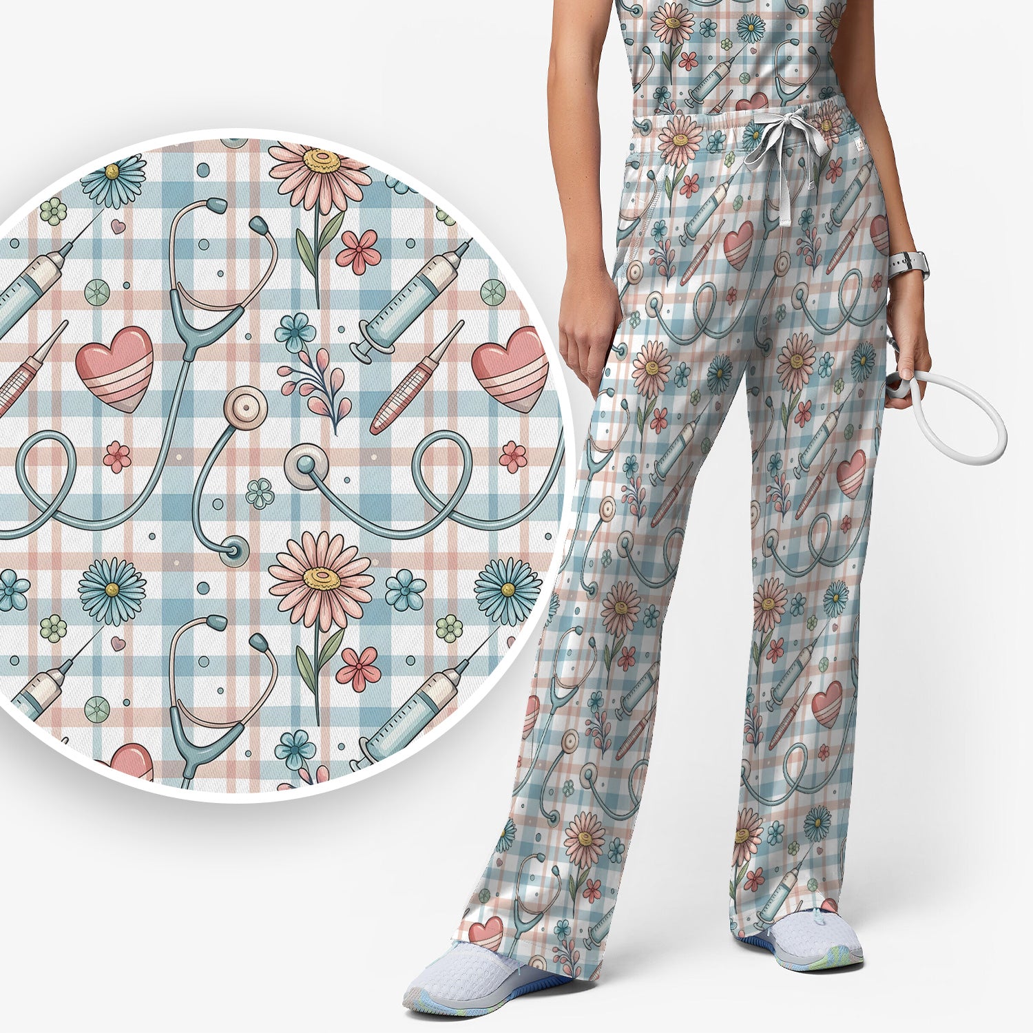 Stethoscope Heart Syringe Floral Plaid Pattern Scrub Set, Scrub Pants and V Neck Top