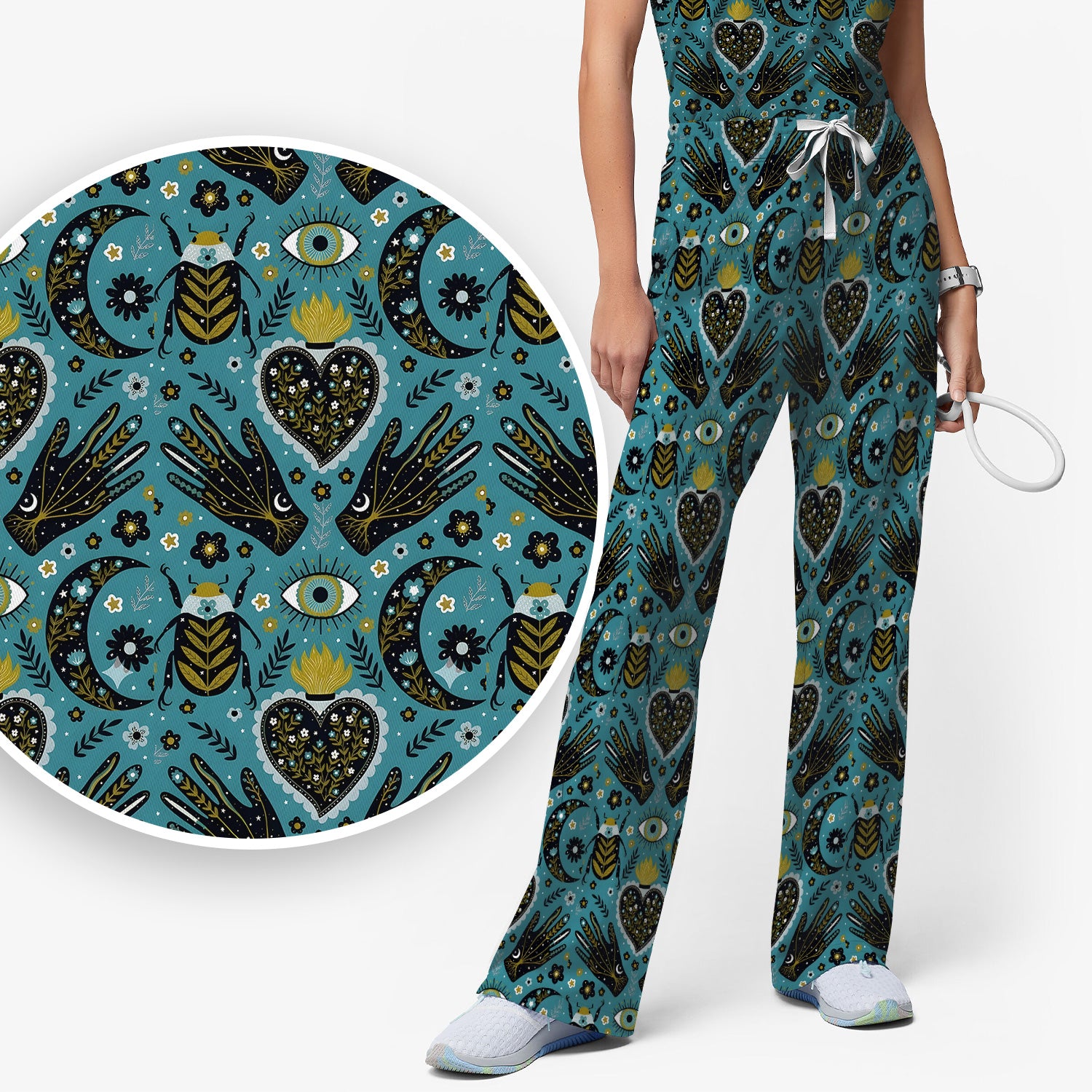 Mystic Celestial Heart & Evil Eye Pattern Scrub Set, Scrub Pants and V Neck Top