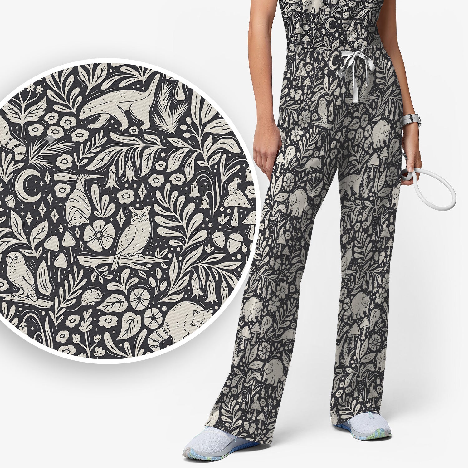 Woodland Animal Forest Pattern Scrub Set, Scrub Pants and V Neck Top