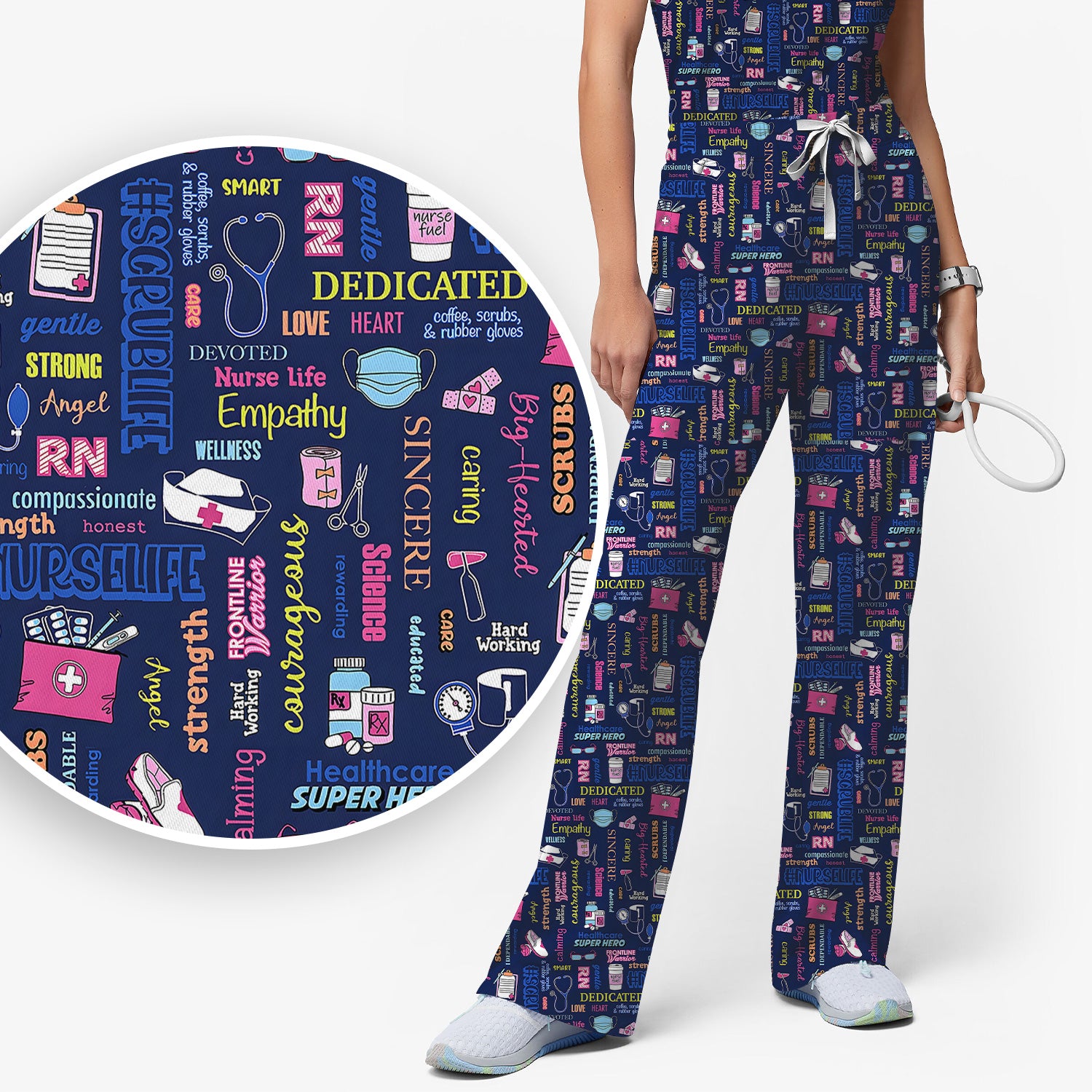 Colorful Nurse Life Typography Print Scrub Set, Breathable Med Uniform