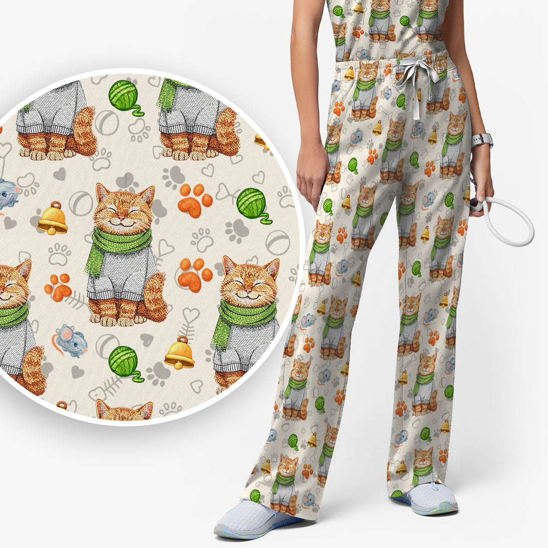 Adorable Cat Lover Nurse Scrub Set, Cute Cat Medical Pattern Shirt, Breathable Fabrics Nursing Uniform