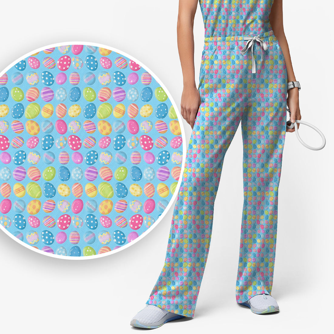 Colorful Easter Eggs Pattern Scrub Set, Scrub Pants and V Neck Top