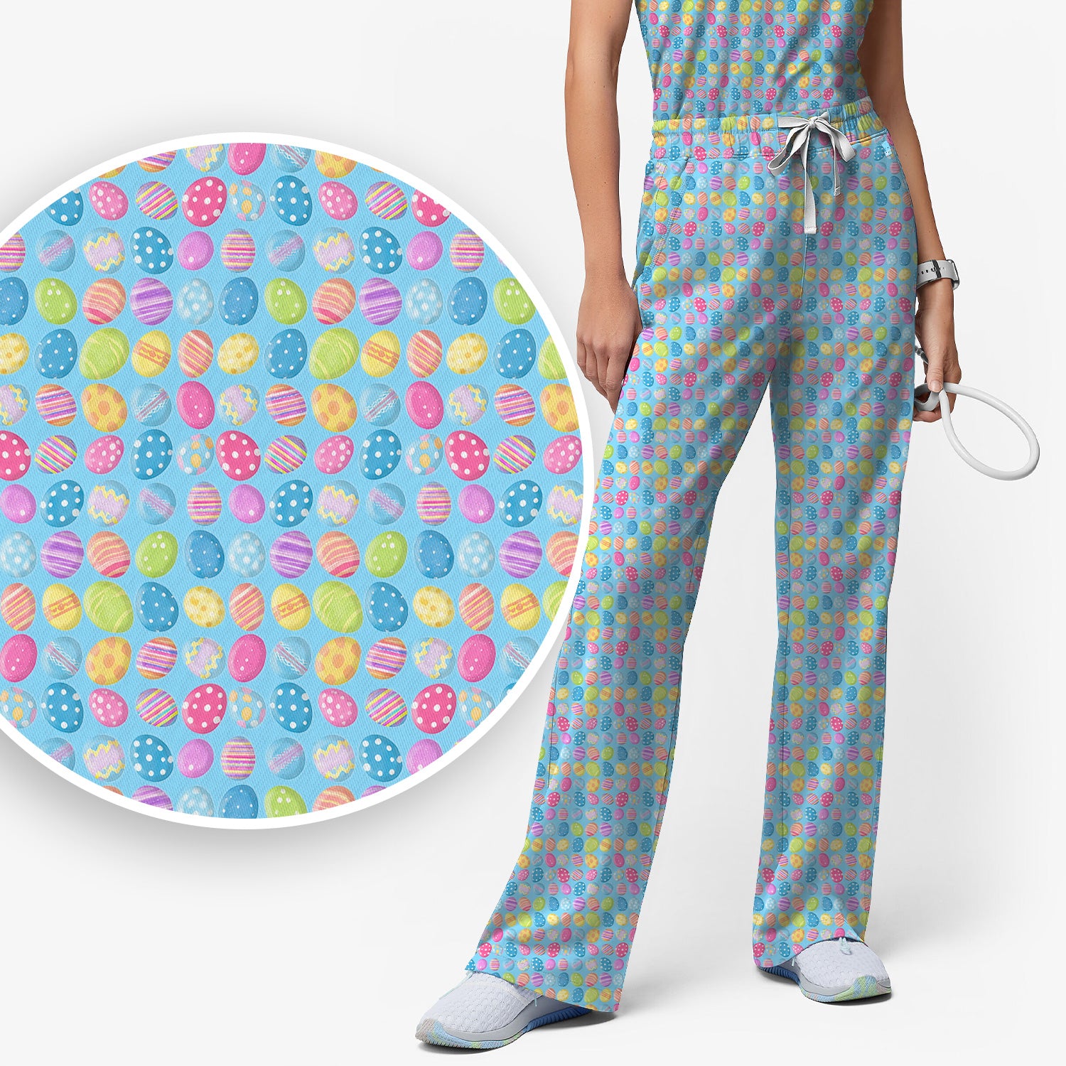 Colorful Easter Eggs Pattern Scrub Set, Scrub Pants and V Neck Top