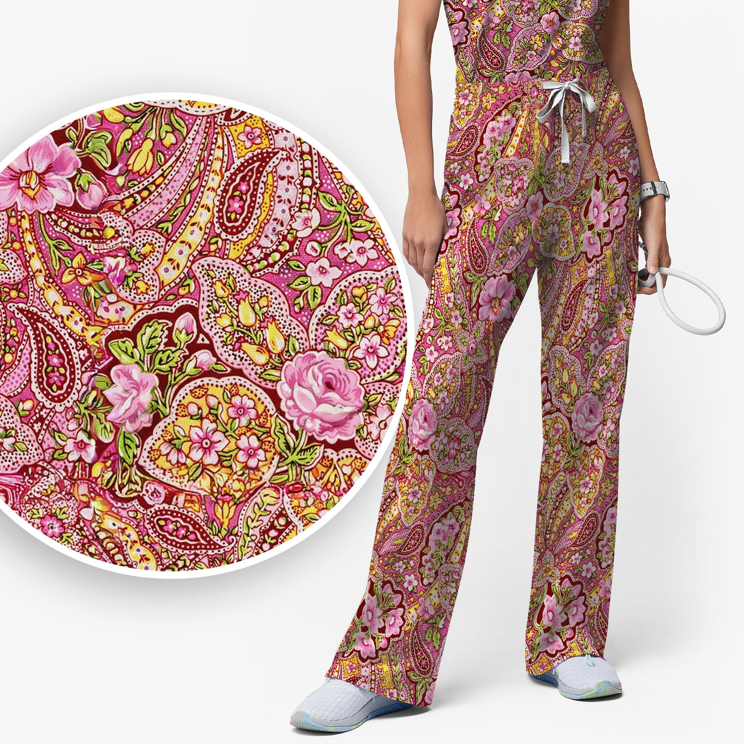 Pink Floral Paisley Blossom Print  Scrub Set, Scrub Pants and V Neck Top