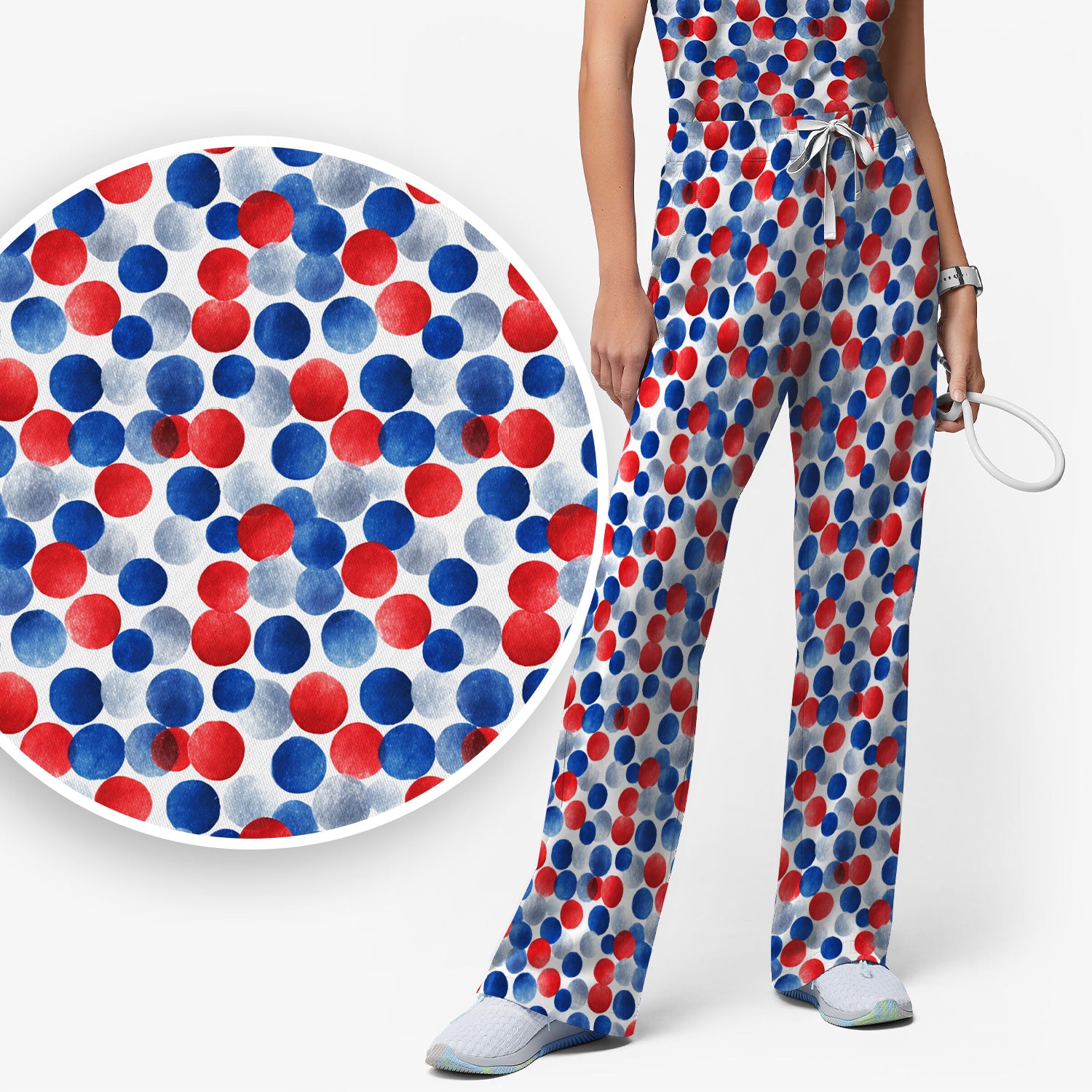 4th of July Patriotic Polka Dot Pattern Scrub Set, Scrub Pants and V Neck Top