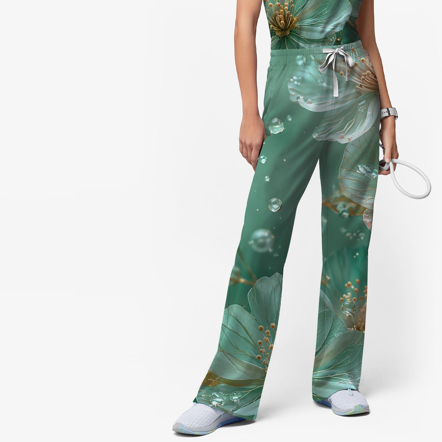 Elegant Mint Blossom Dewdrop Pattern Scrub Set, Scrub Pants and V Neck Top