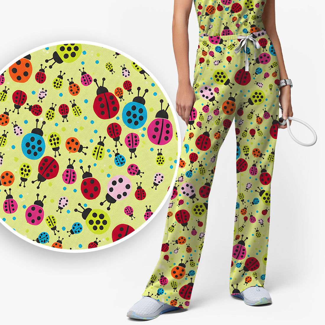 Colorful Ladybug Garden Pattern Scrub Set, Scrub Pants and V Neck Top