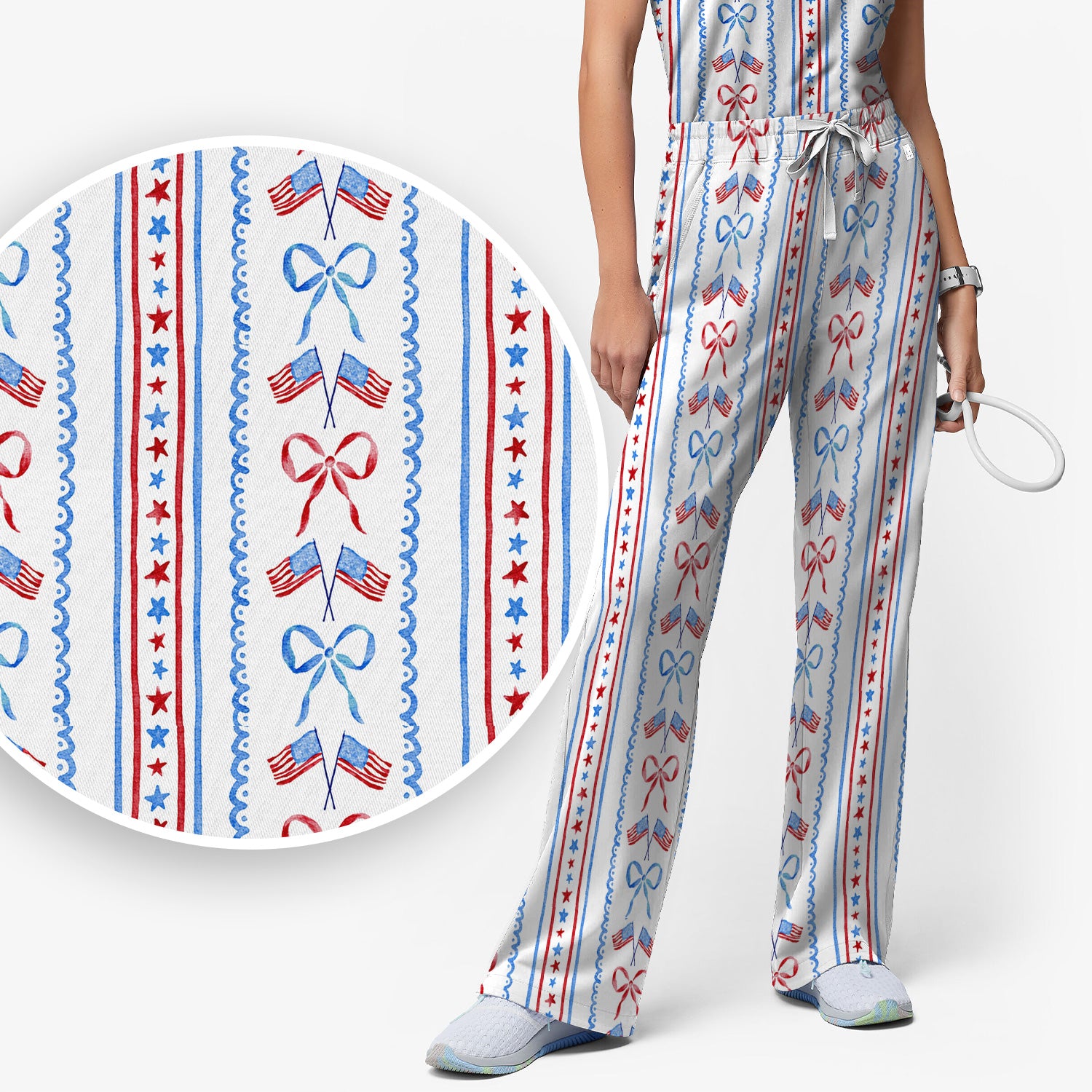 Patriotic USA Flag Bow Stripe Pattern Scrub Set, Scrub Pants and V Neck Top