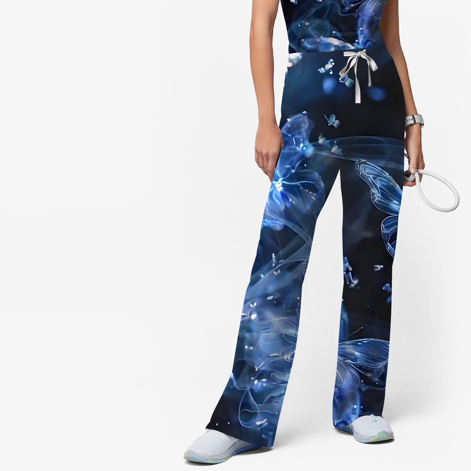 Glowing Blue Butterfly Garden Pattern Scrub Set, Scrub Pants and V Neck Top