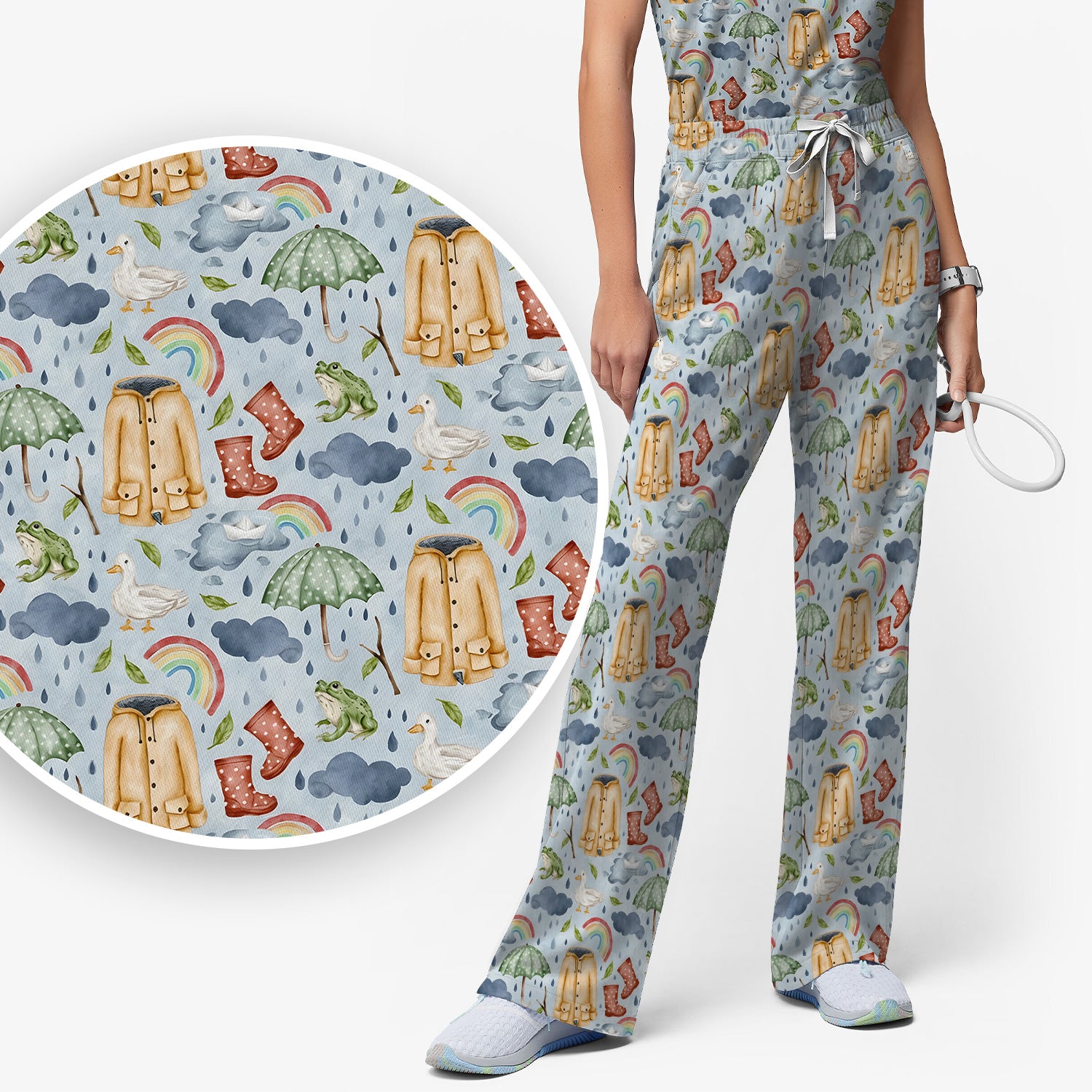 Cute Rainy Day Ducks & Frog Rainbow Pattern Scrub Set, Scrub Pants and V Neck Top