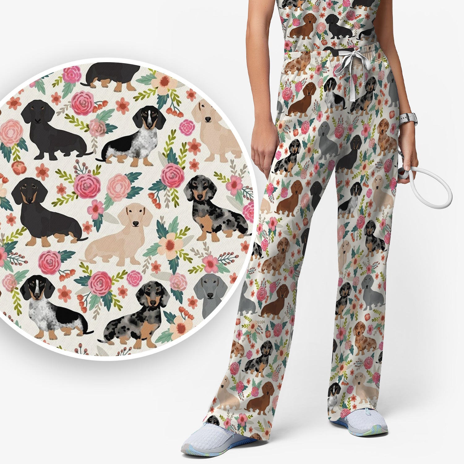 Adorable Dachshund Floral Pattern Scrub Set, Scrub Pants and V Neck Top