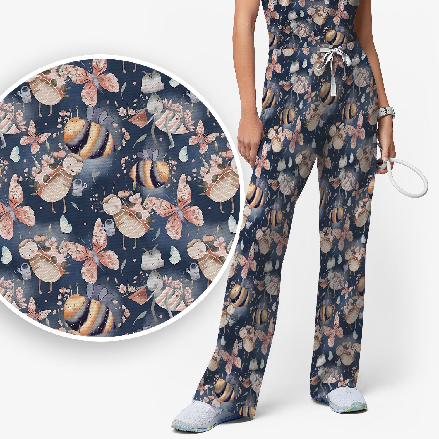 Cute Whimsical Bee Fairy Garden Pattern Scrub Set, Scrub Pants and V Neck Top
