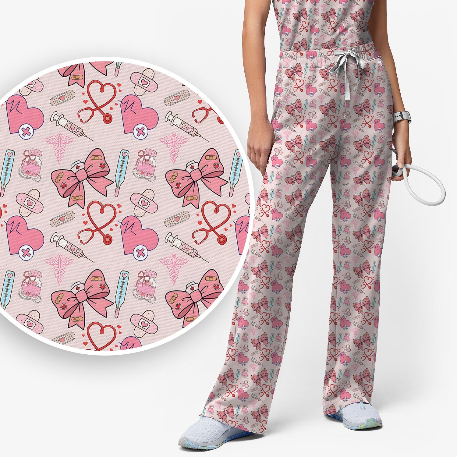 Pink Nurse Bow Heart Print Scrub Set, Scrub Pants and V Neck Top