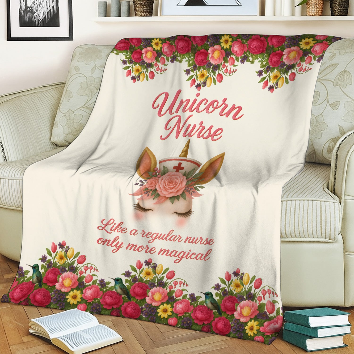 Personalized Cute Unicorn Nurse Throw Blanket - Magical Floral Pattern for Nurses & Healthcare Workers - Thoughtful & Cozy Gift for Women RN LPN CNA