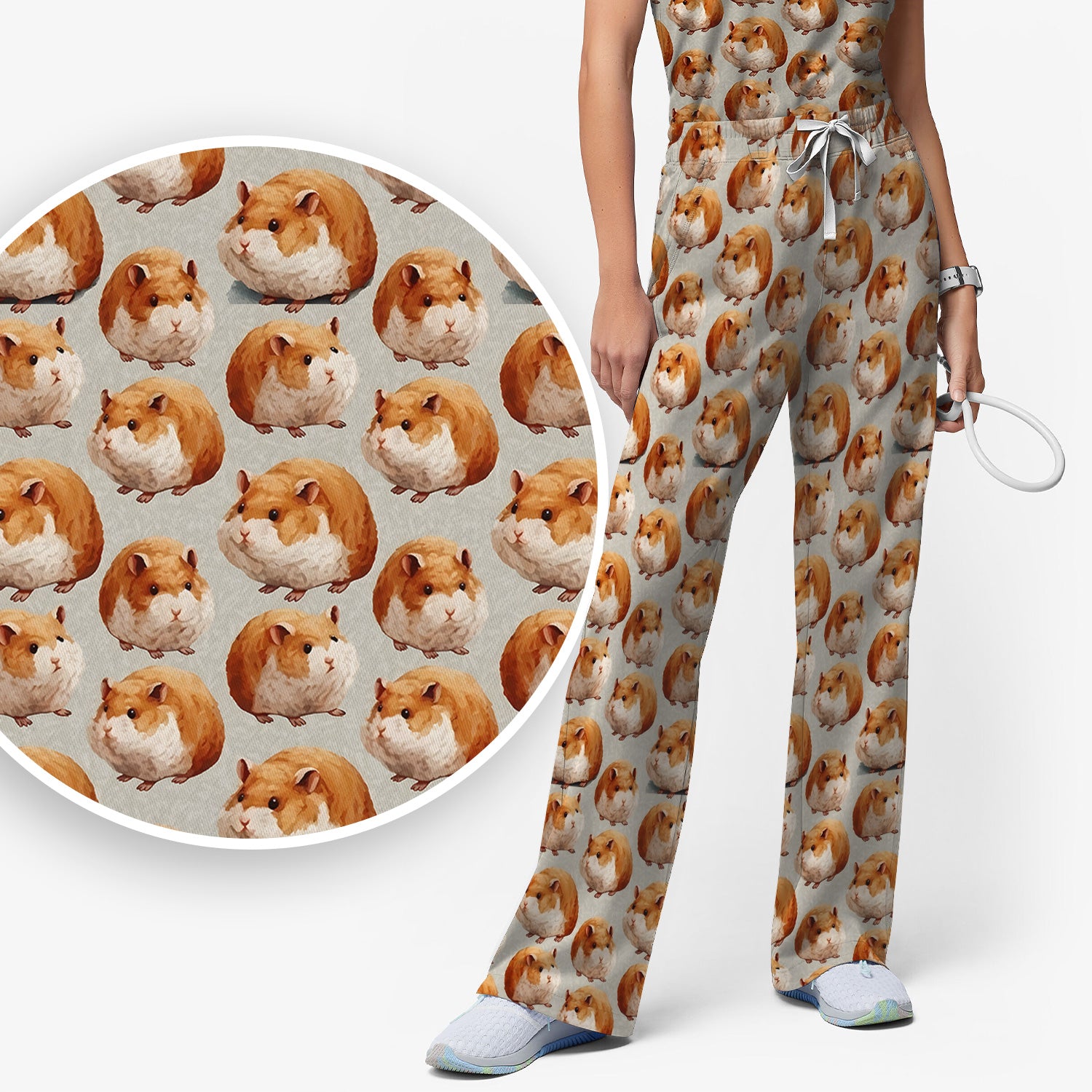 Cute Hamster Pattern Nurse Scrub Set, Scrub Pants and V Neck Top