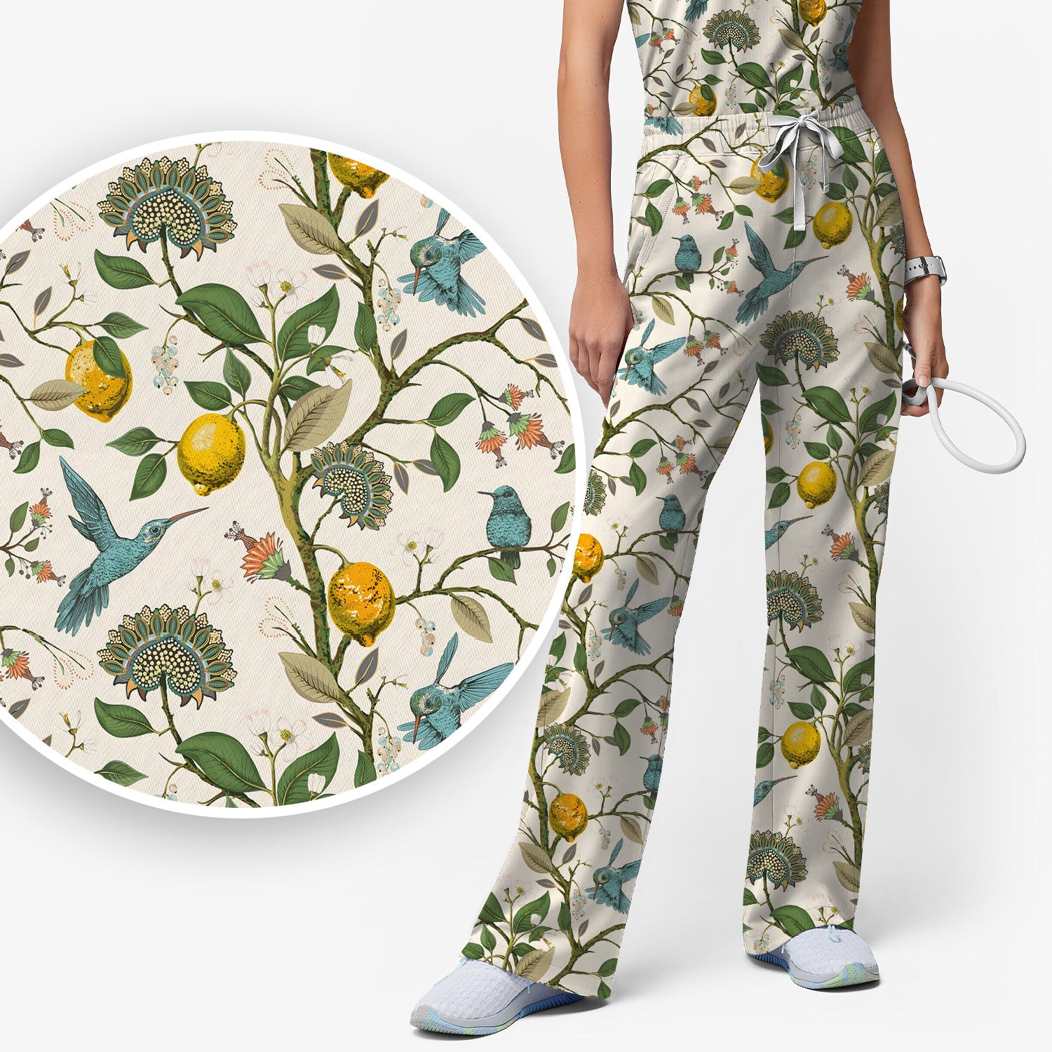 Cute Hummingbird Lemon Floral Pattern Scrub Set, Scrub Pants and V Neck Top