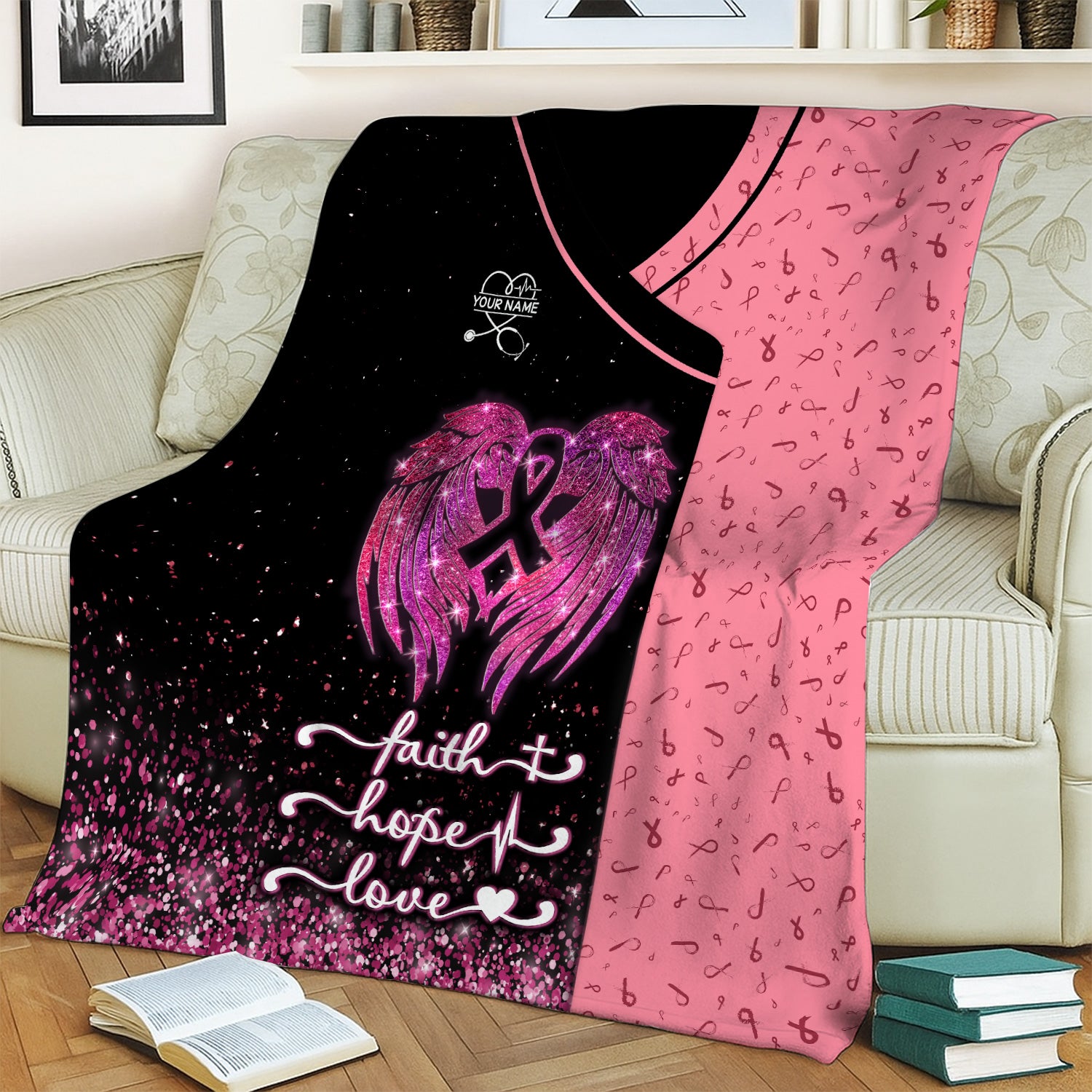 Personalized Breast Cancer Awareness Blanket - Faith Hope Love & Angel Wings - Gift for Nurse RN LPN CNA