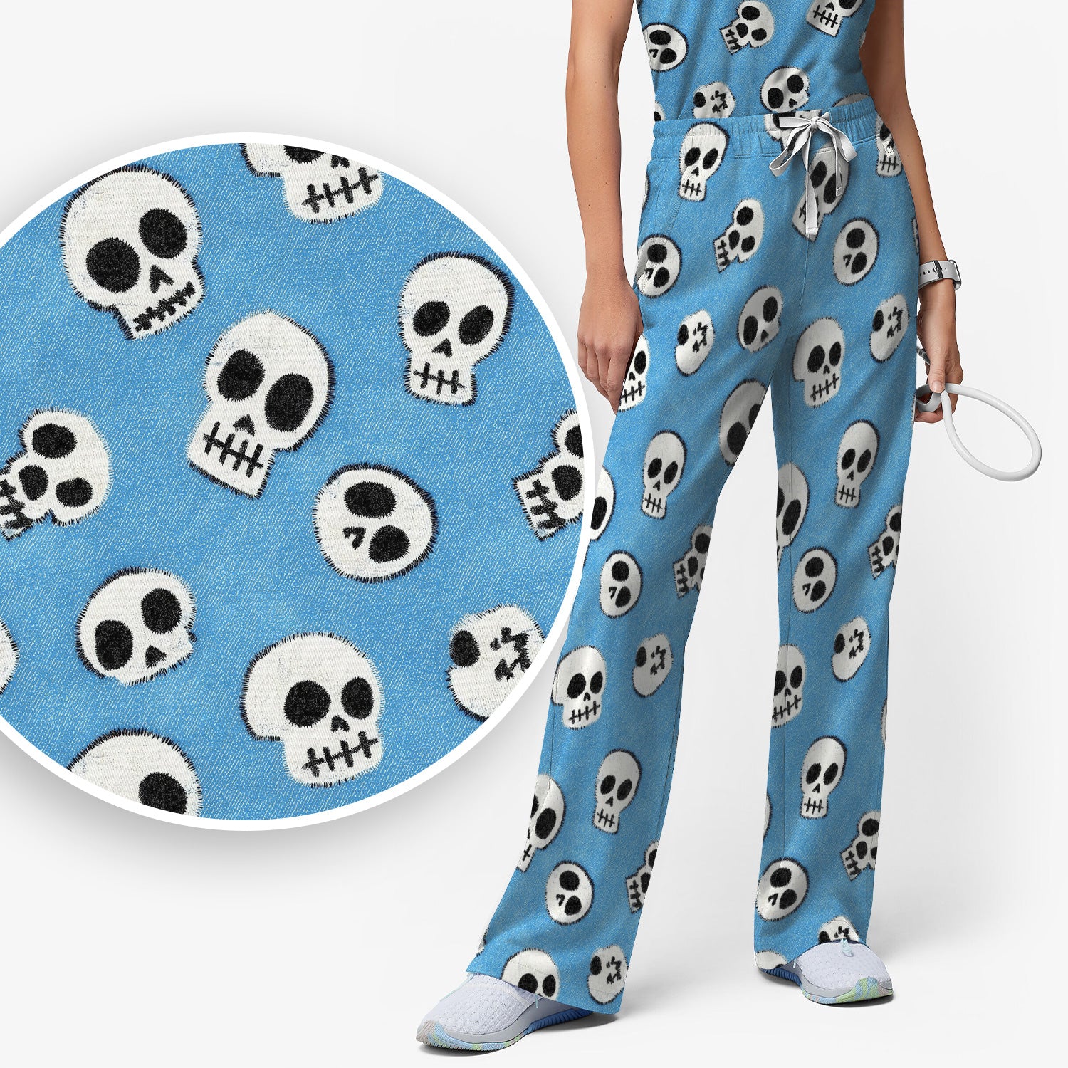 Blue Skull Halloween Pattern Scrub Set, Scrub Pants and V Neck Top