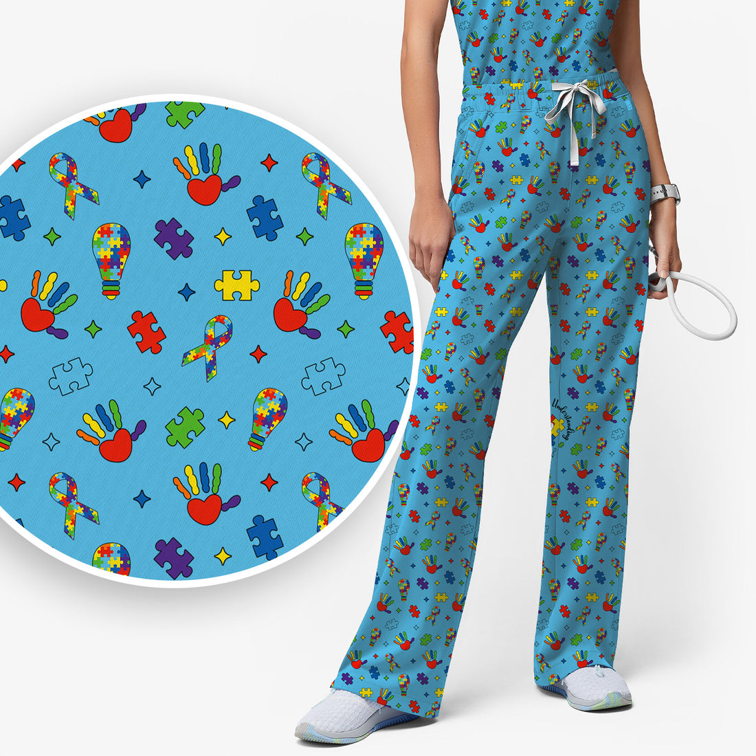 Autism Awareness Colorful Puzzle Pattern Scrub Set, Scrub Pants and V Neck Top