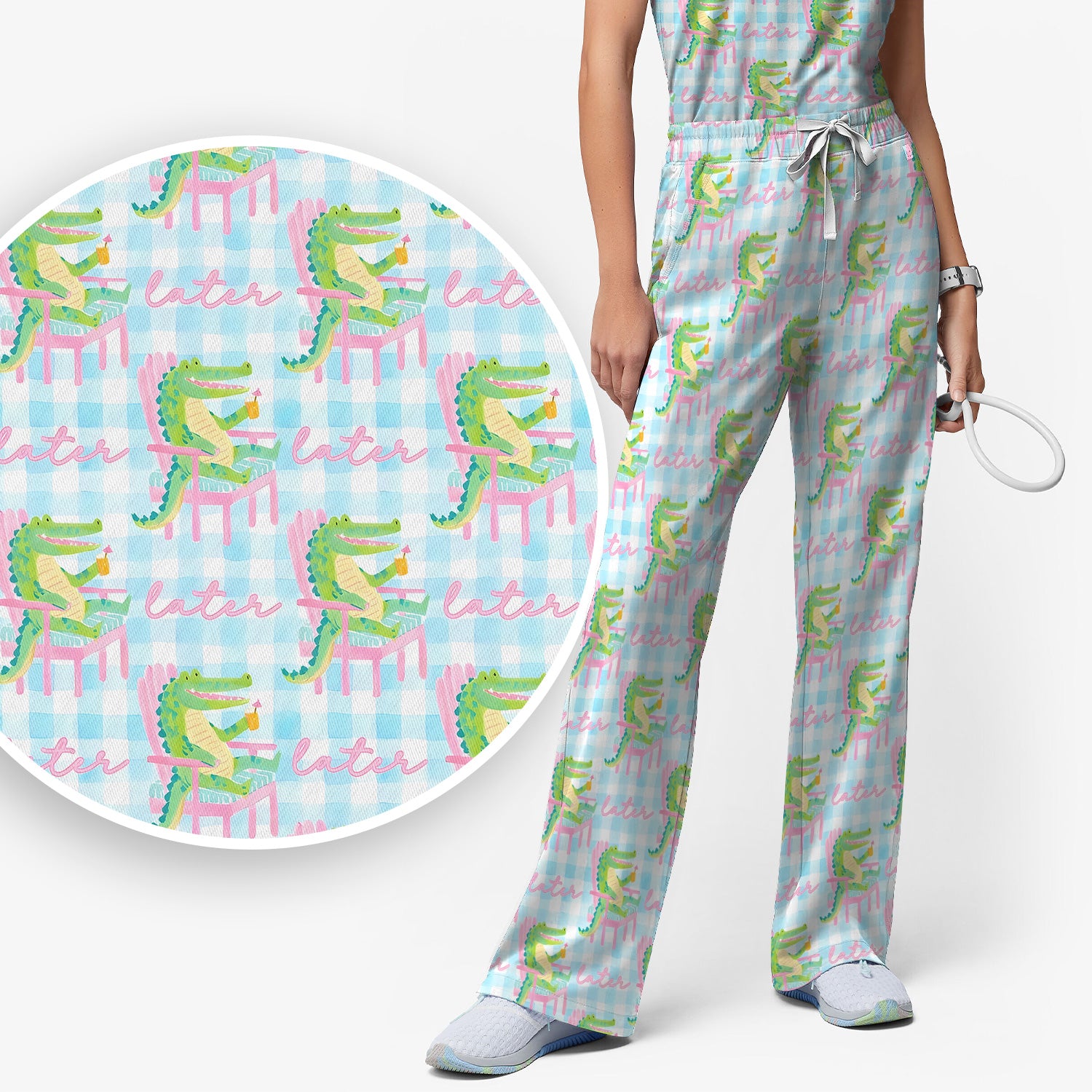 Funny Lazy Crocodile Later Pattern Scrub Set, Scrub Pants and V Neck Top