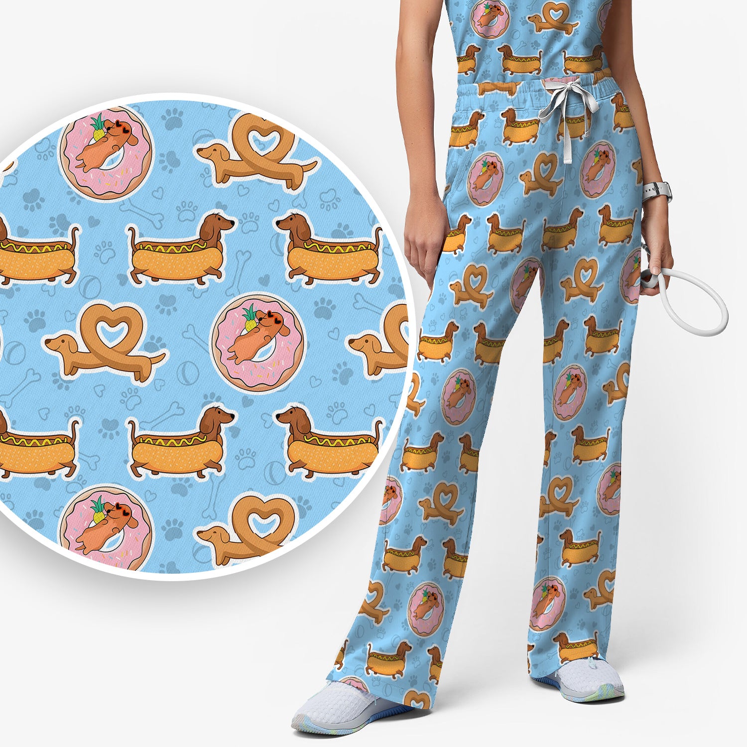 Cute Dachshund Donut Heart Pattern Scrub Set, Scrub Pants and V Neck Top