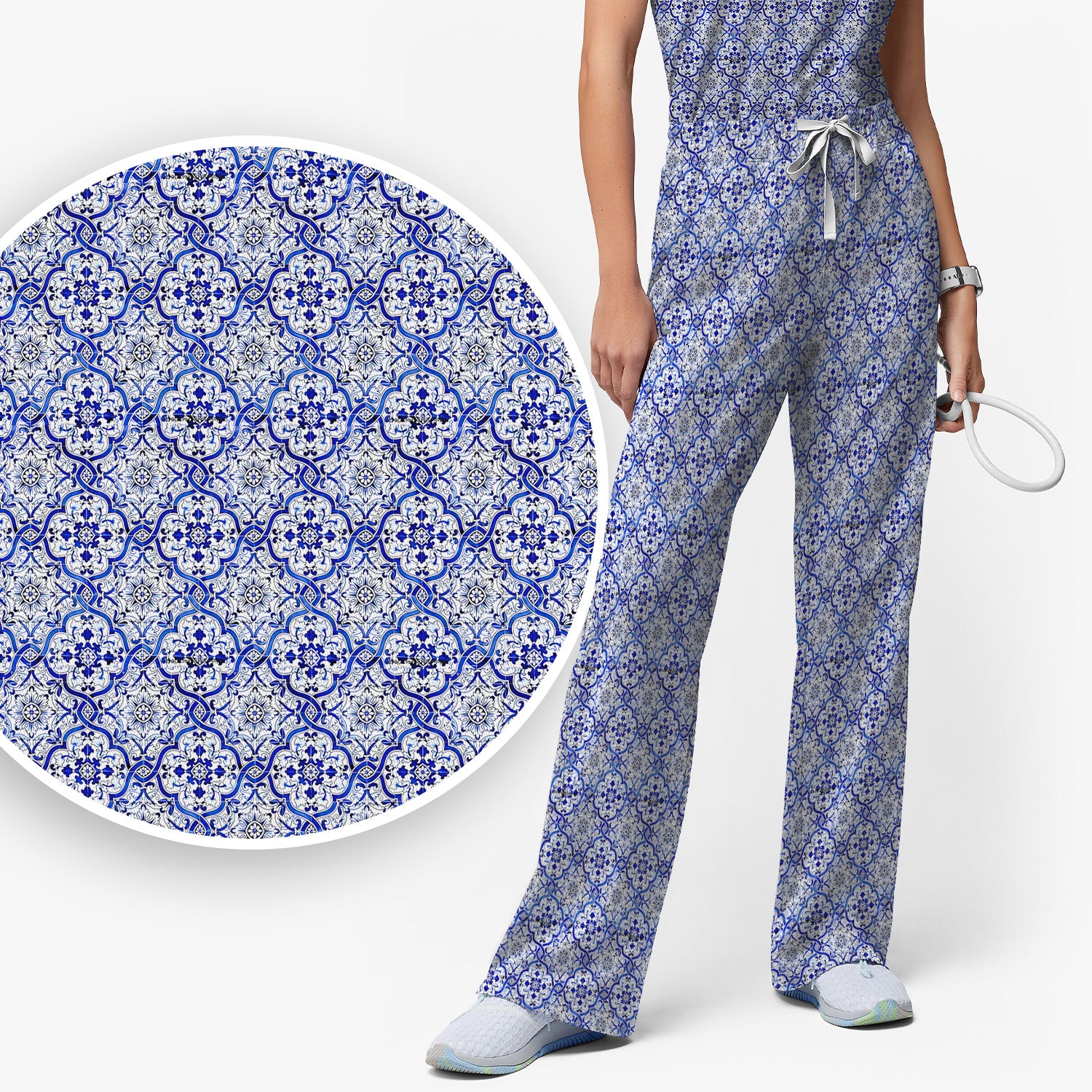 Blue Vintage Tile Floral Pattern Scrub Set, Women's Scrub Sets
