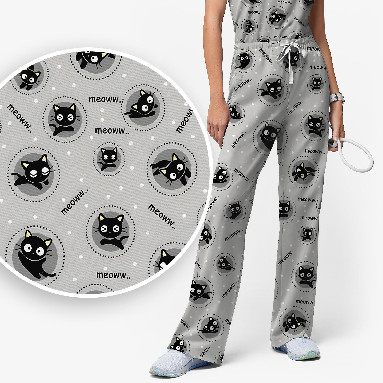Funny Black Cat Meow Pattern Scrub Set, Scrub Pants and V Neck Top