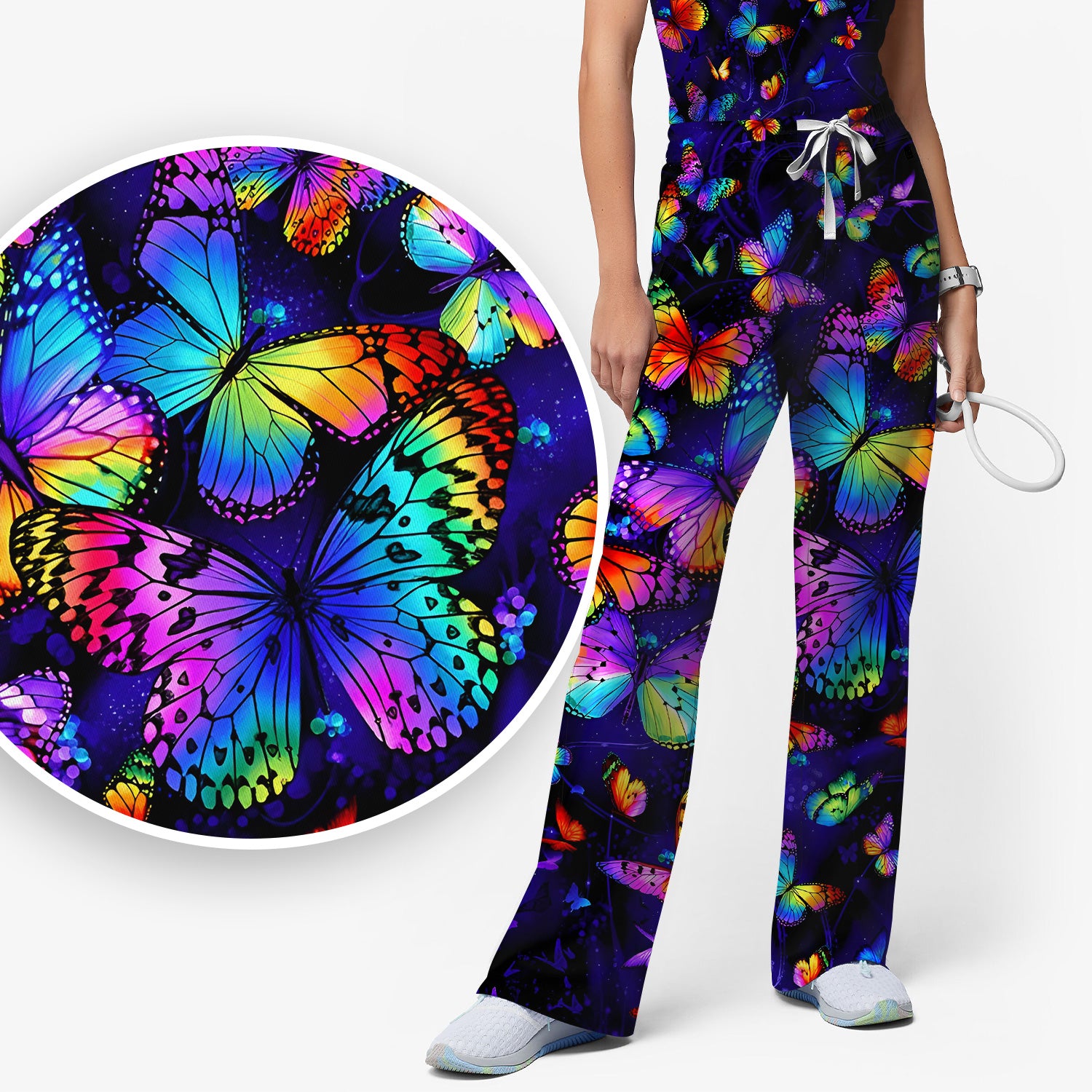 Vibrant Rainbow Butterfly Galaxy Pattern Scrub Set, Scrub Pants and V Neck Top