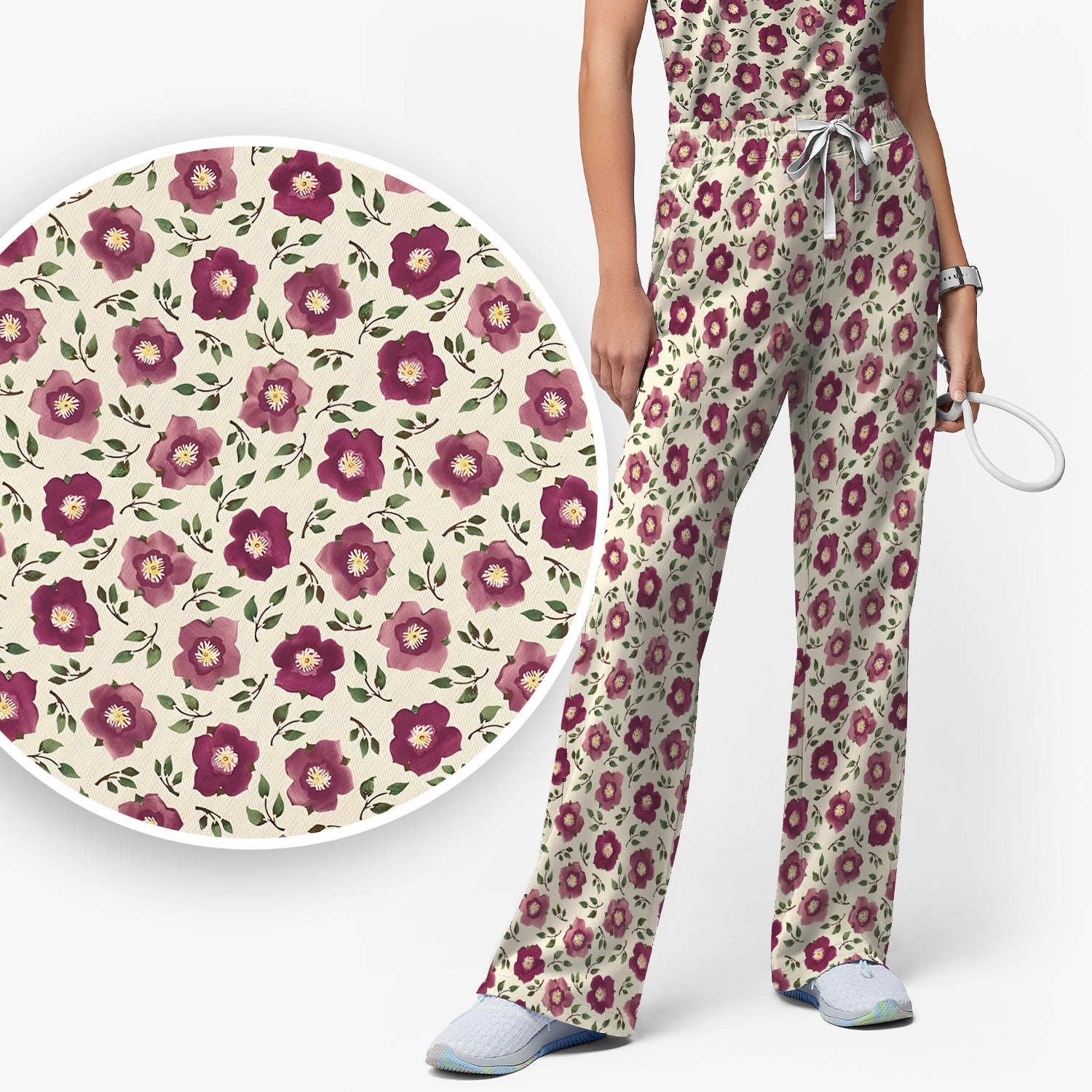 Purple Floral Blossom Leaf Pattern Scrub Set, Scrub Pants and V Neck Top