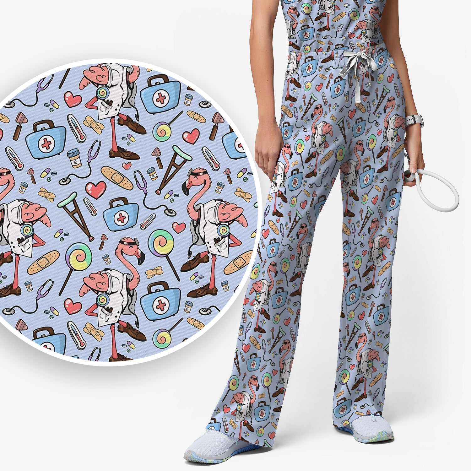 Flamingo Nurse Medical Care Pattern Scrub Set, Scrub Pants and V Neck Top