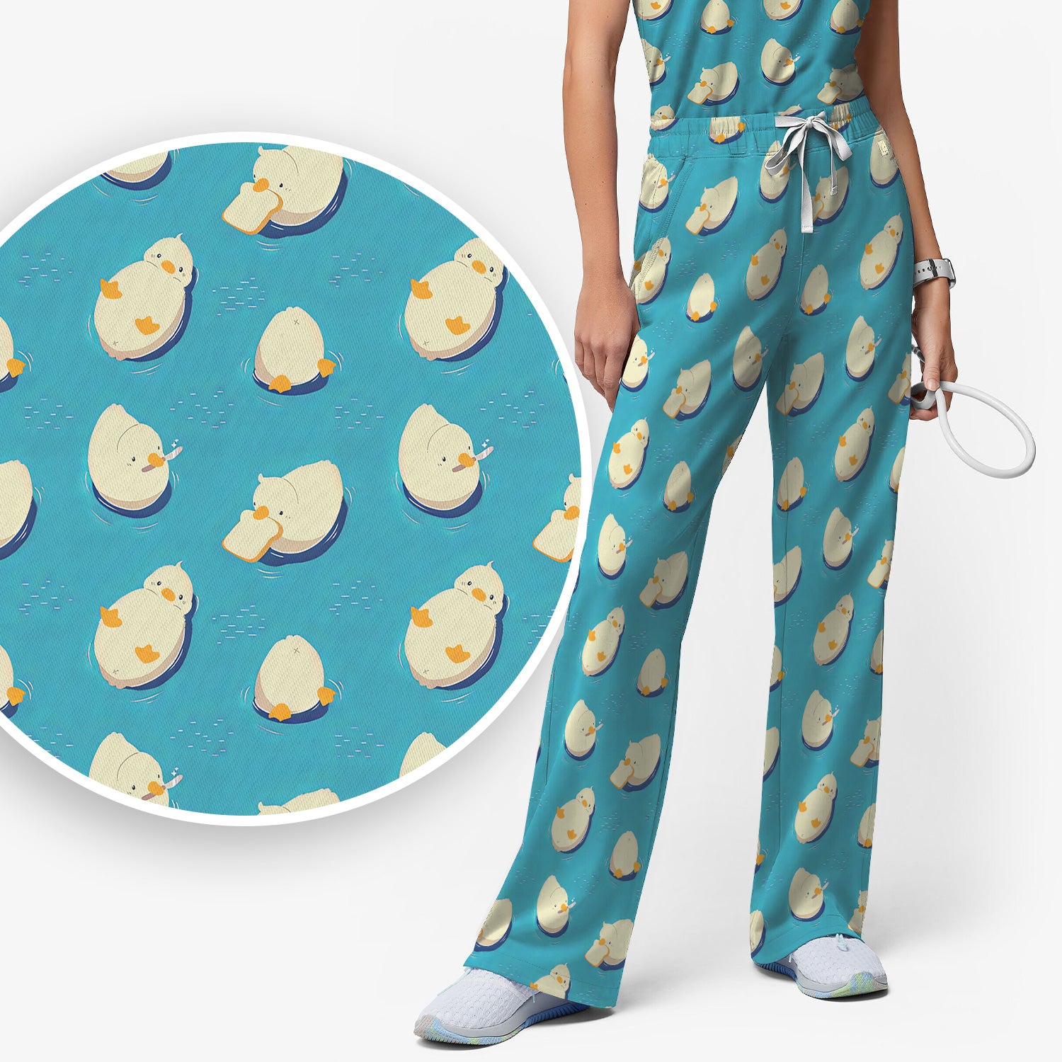 Cute Blue Duck Pond Pattern Scrub Set, Scrub Pants and V Neck Top