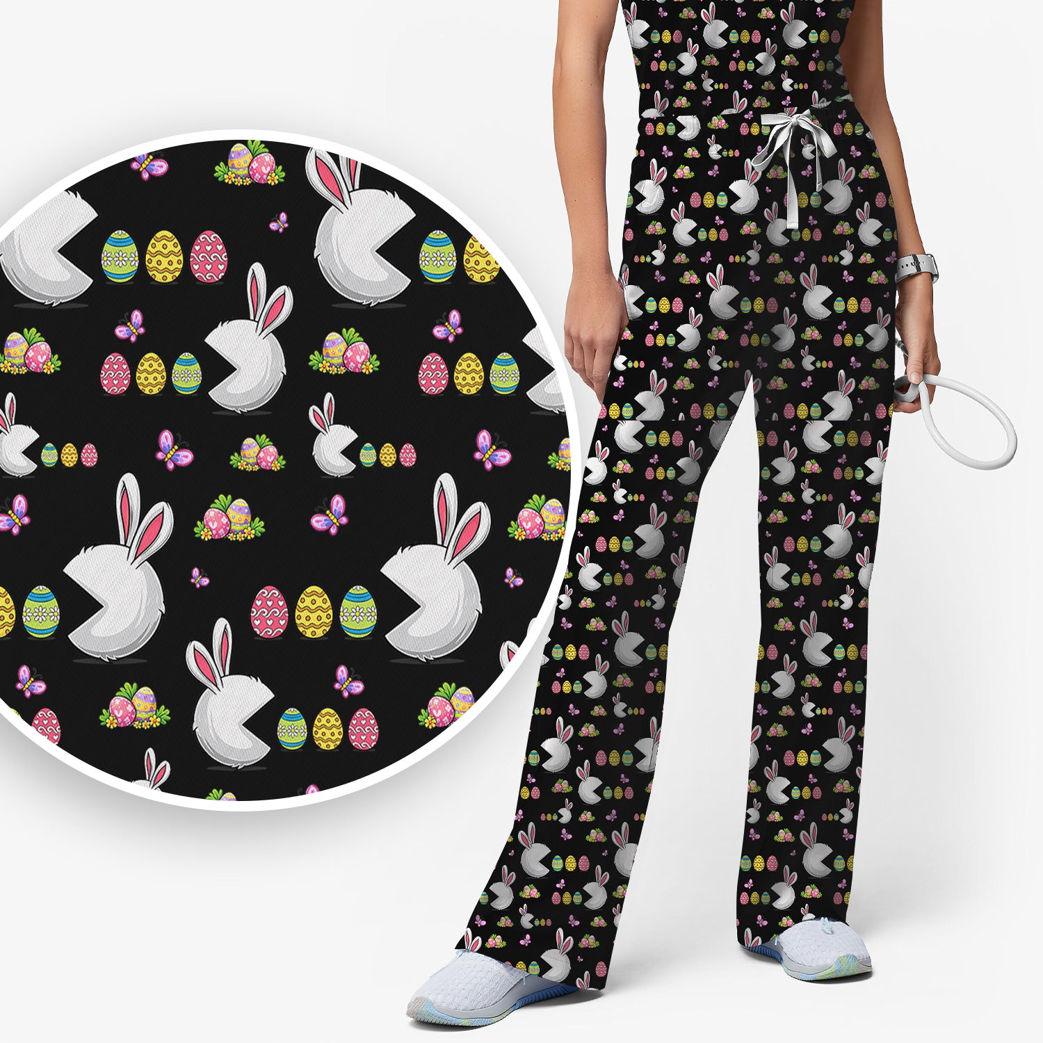 Easter Bunny and Colorful Eggs Print Scrub Set, Breathable Med Uniform