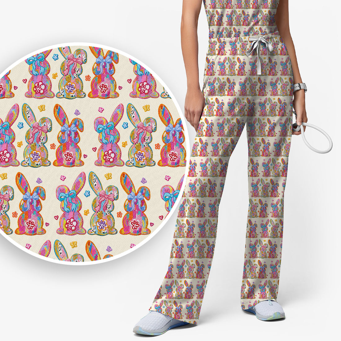 Cute Pastel Bunny Floral Pattern Scrub Set, Breathable Med Uniform