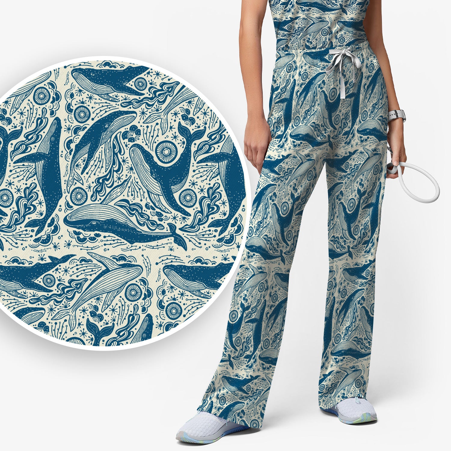Blue Whale Ocean Pattern Scrub Set, Scrub Pants and V Neck Top
