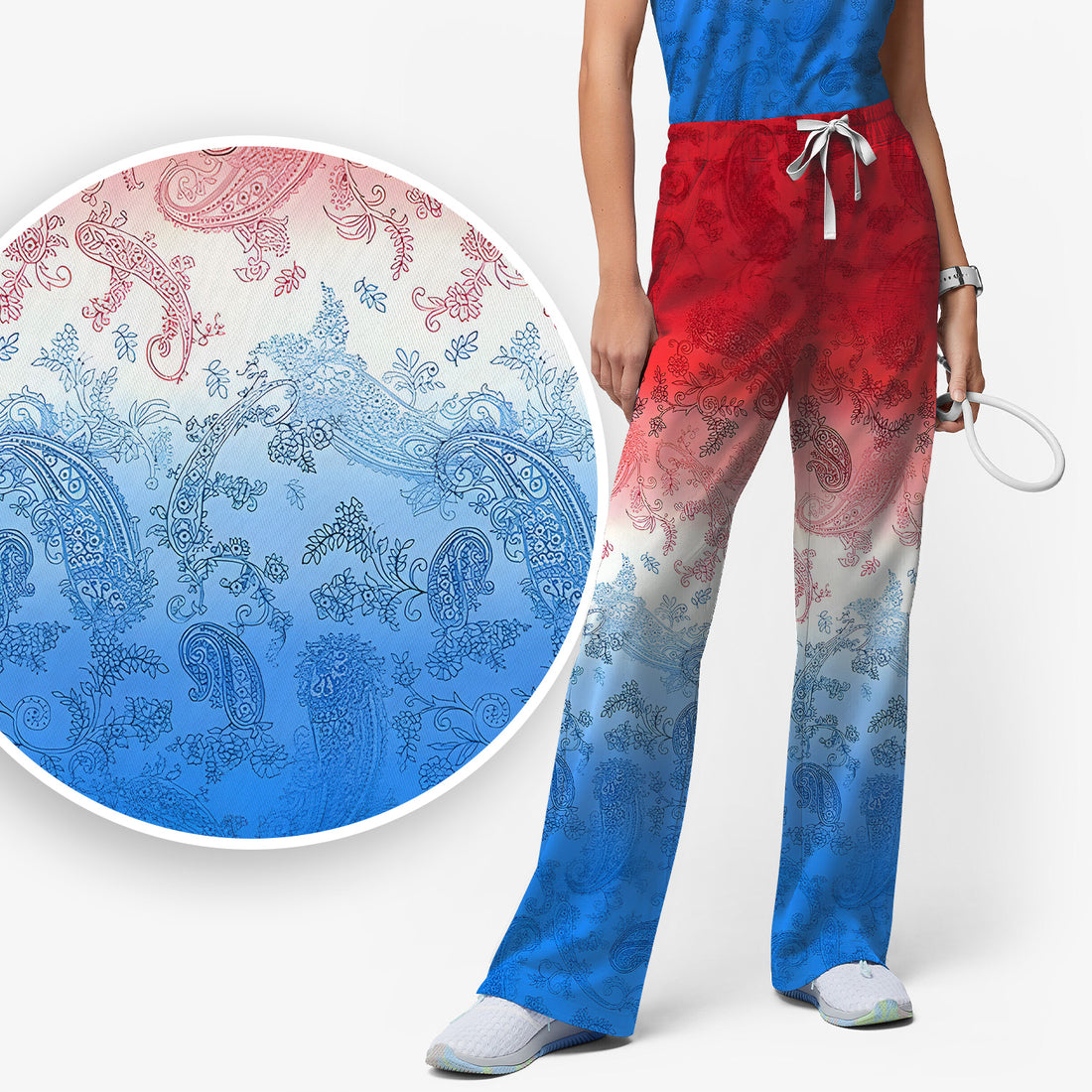 Red Blue Paisley Ombre Pattern Scrub Set, Scrub Pants and V Neck Top
