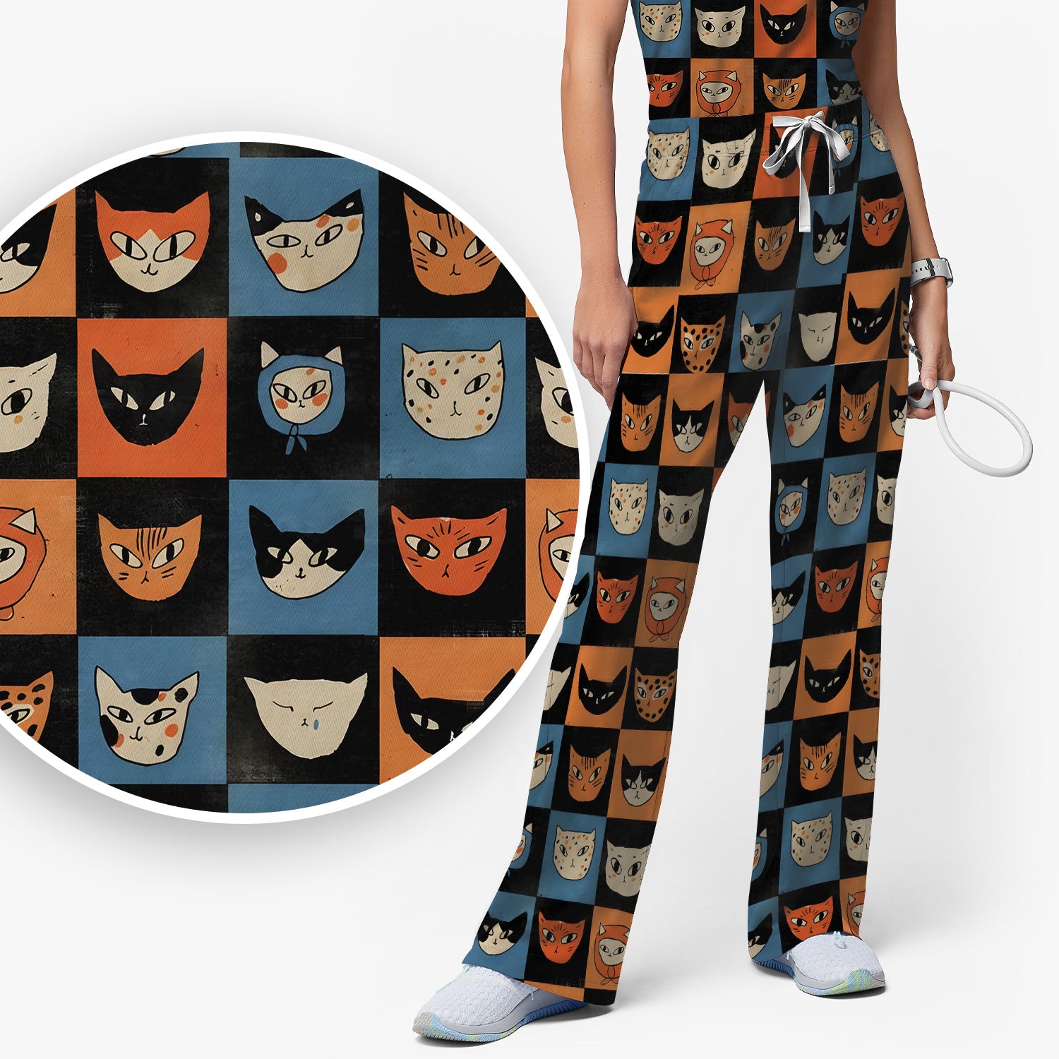 Cute Retro Cat Faces Checkerboard Print Scrub Set, Scrub Pants and V Neck Top