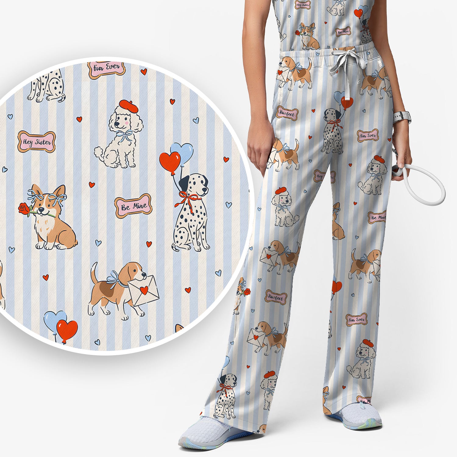 Valentine Puppy Heart Pattern Scrub Set, Scrub Pants and V Neck Top