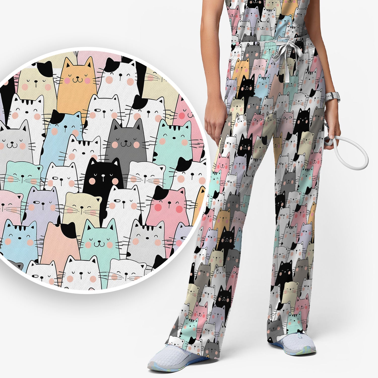 Playful Cartoon Cat Crowd Pattern Scrub Set, Scrub Pants and V Neck Top