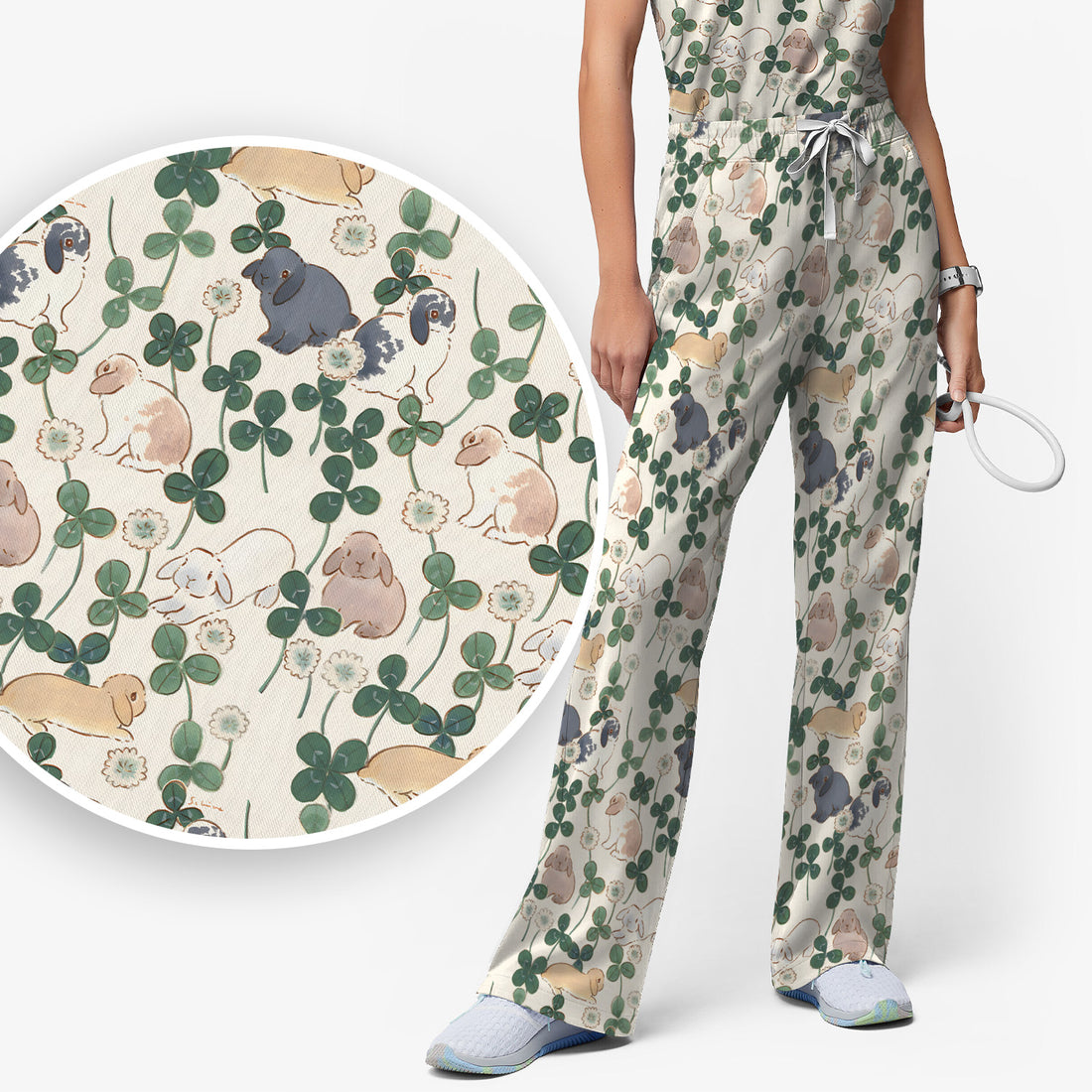 Cute Bunny Clover Garden Meadow Pattern Nurse Scrub Set, Scrub Pants and V Neck Top