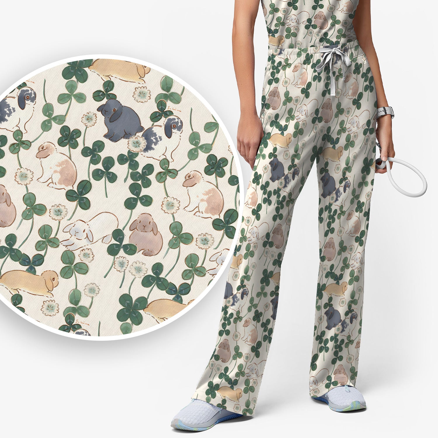 Cute Bunny Clover Garden Meadow Pattern Nurse Scrub Set, Scrub Pants and V Neck Top