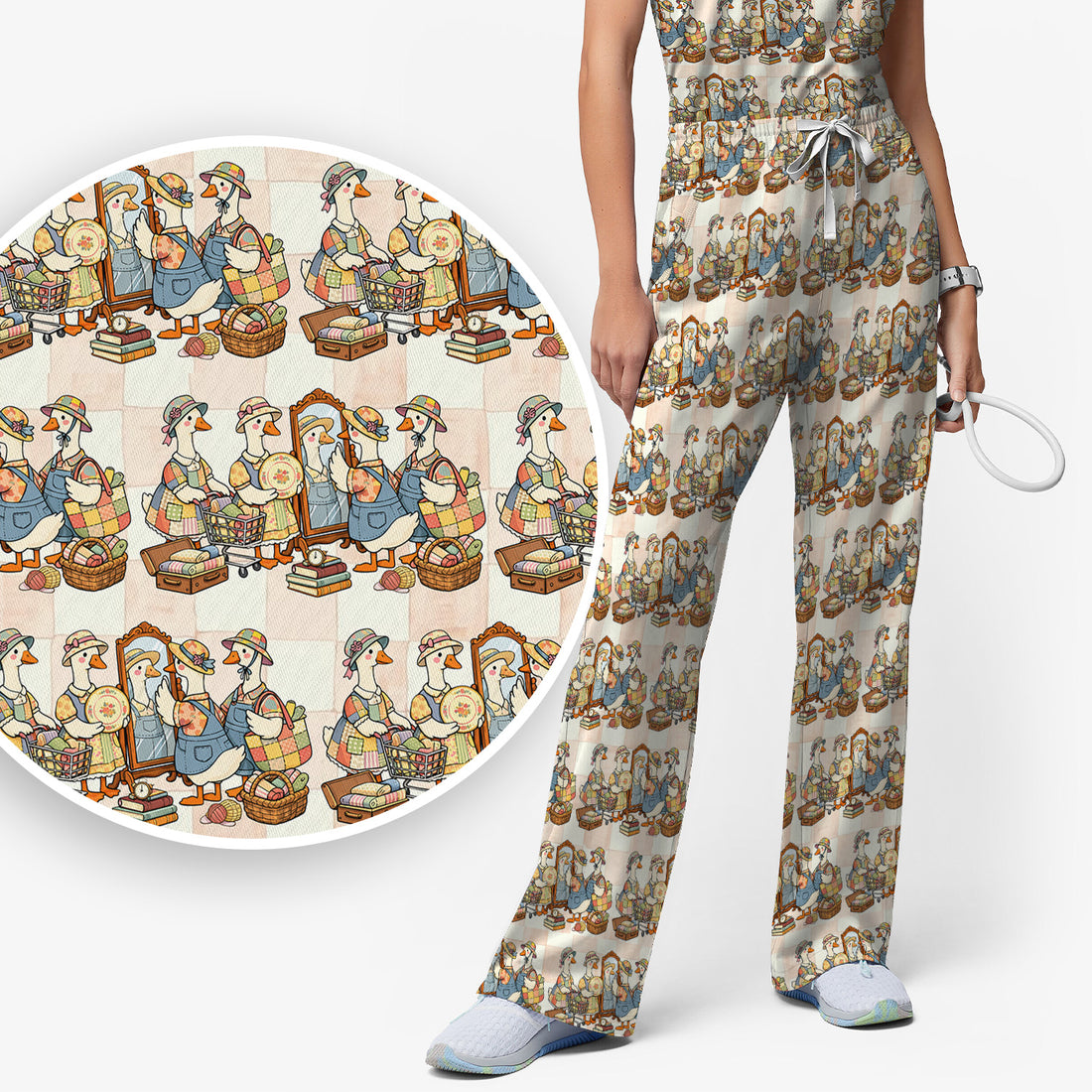Vintage Goose Market Print Women's Scrub Set, Breathable Med Uniform