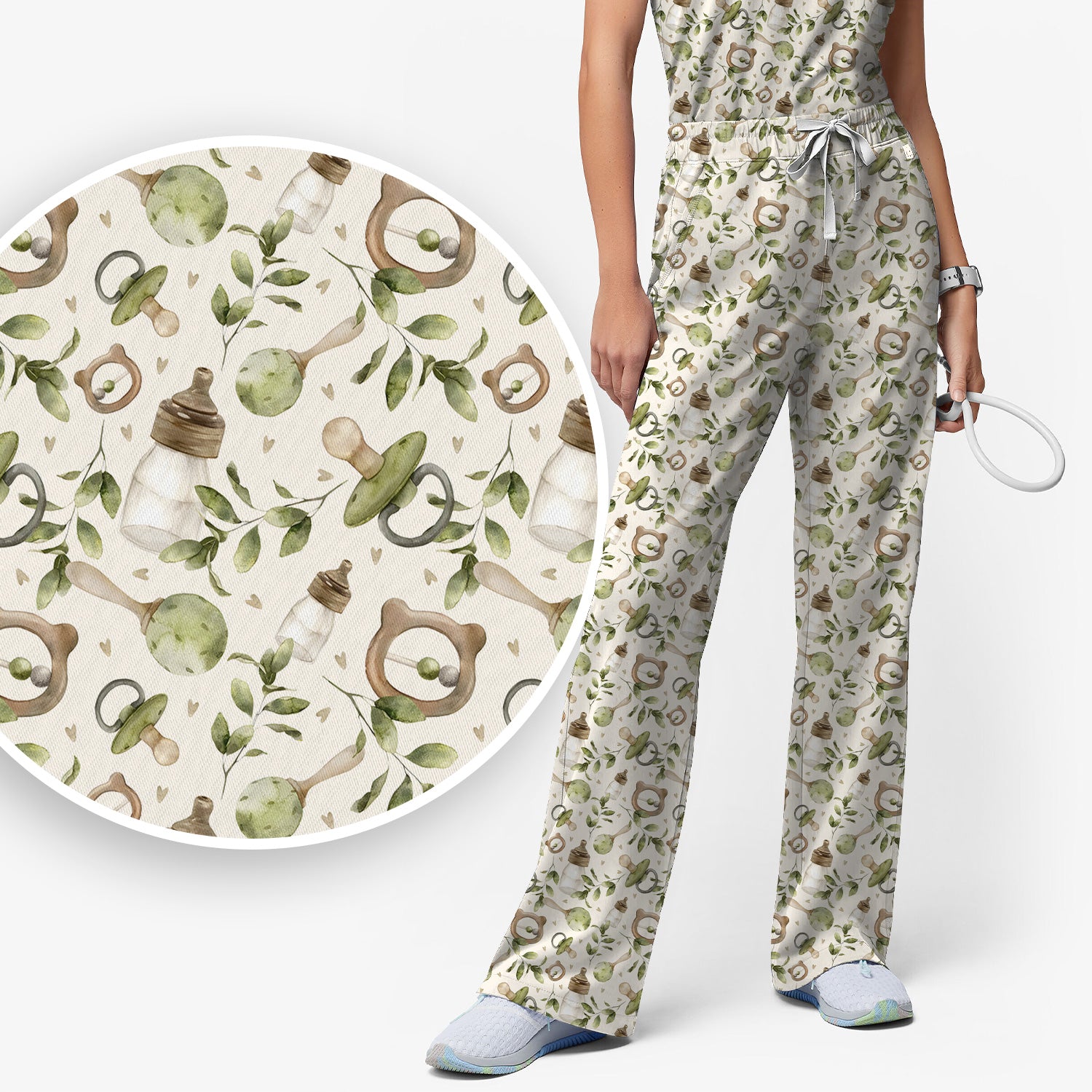 Cute Baby Bottle and Greenery Pattern Scrub Set, Breathable Med Uniform