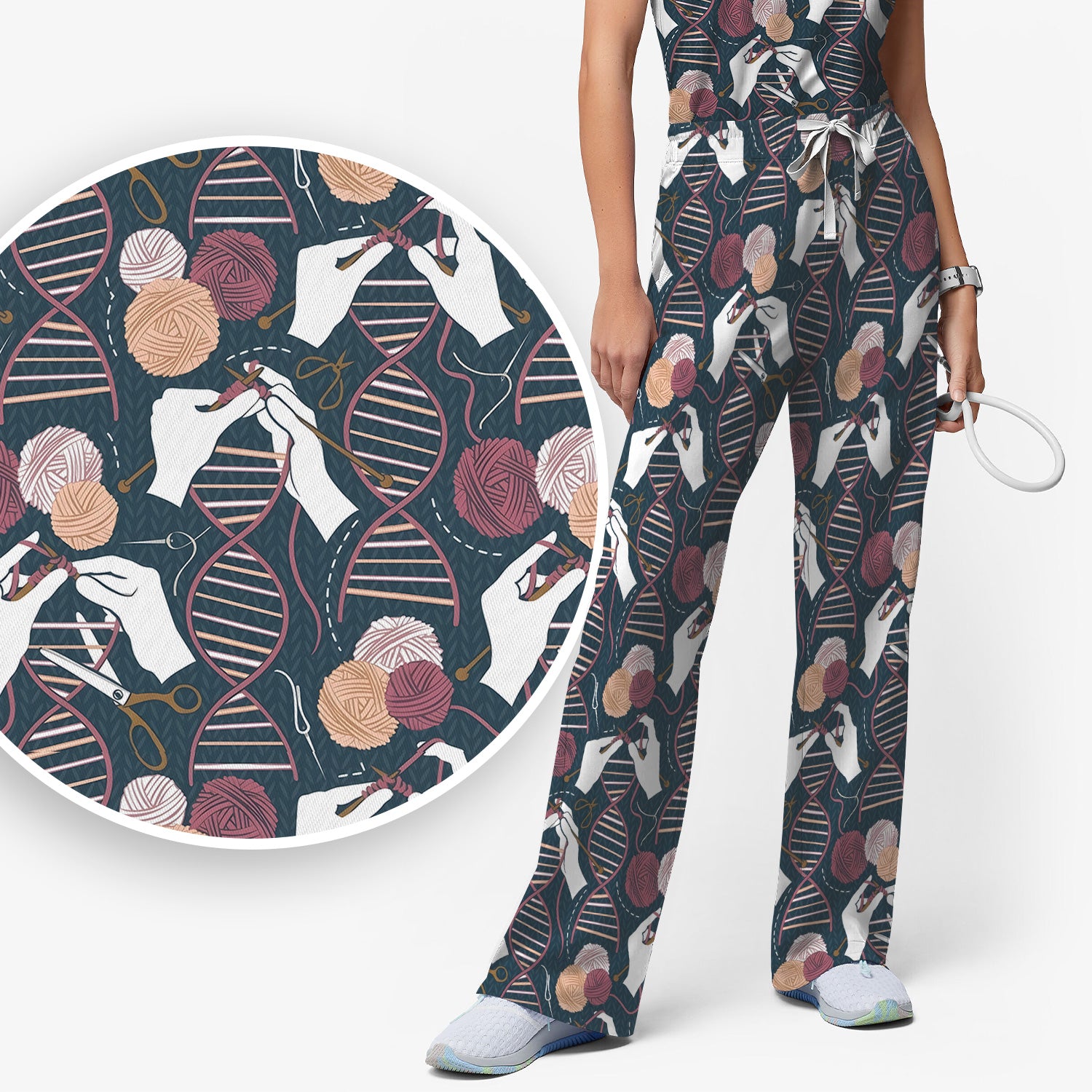 DNA Helix Yarn Pattern Scrub Set, Scrub Pants and V Neck Top
