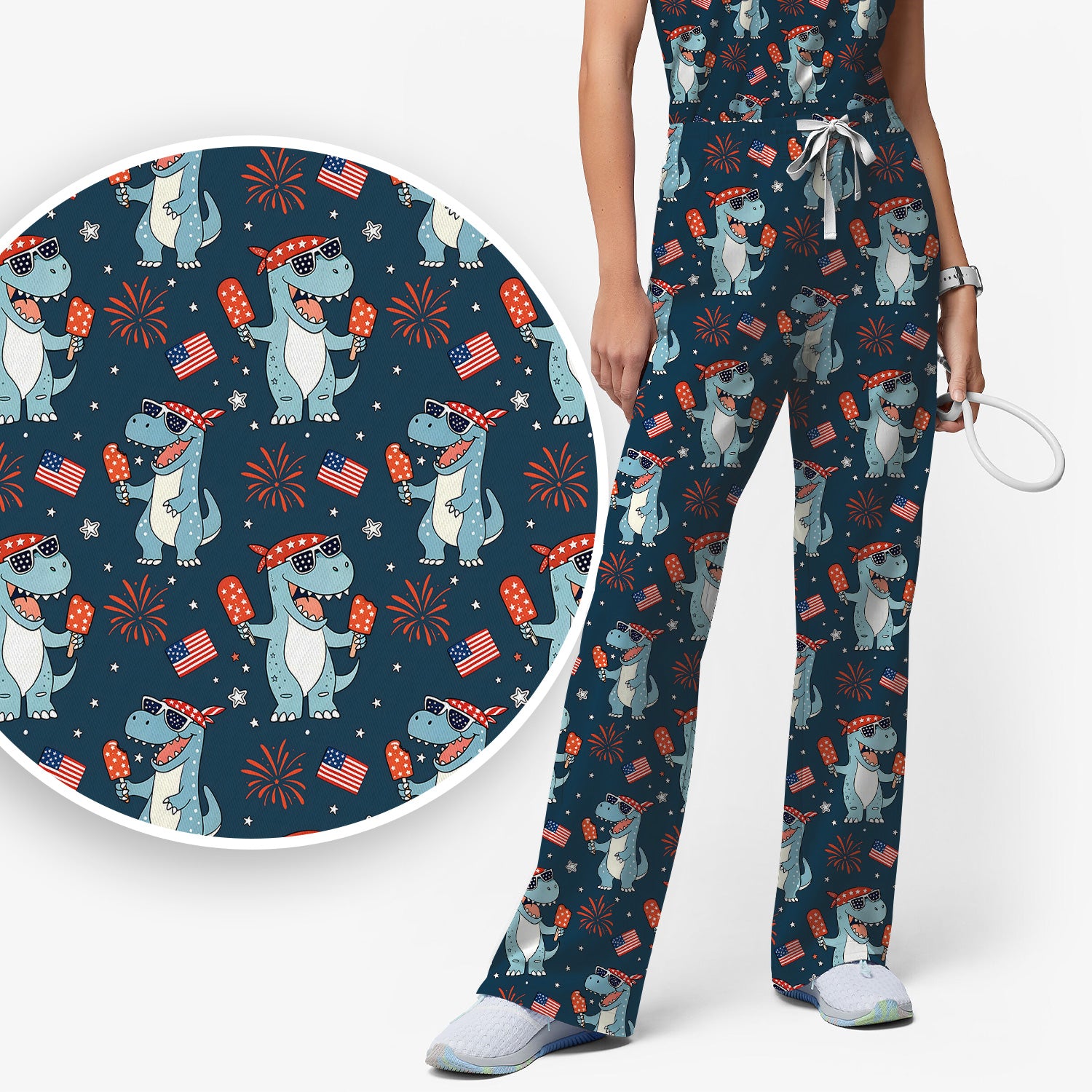 Dinosaur With Flag American Pattern Scrub Set, Scrub Pants and V Neck Top
