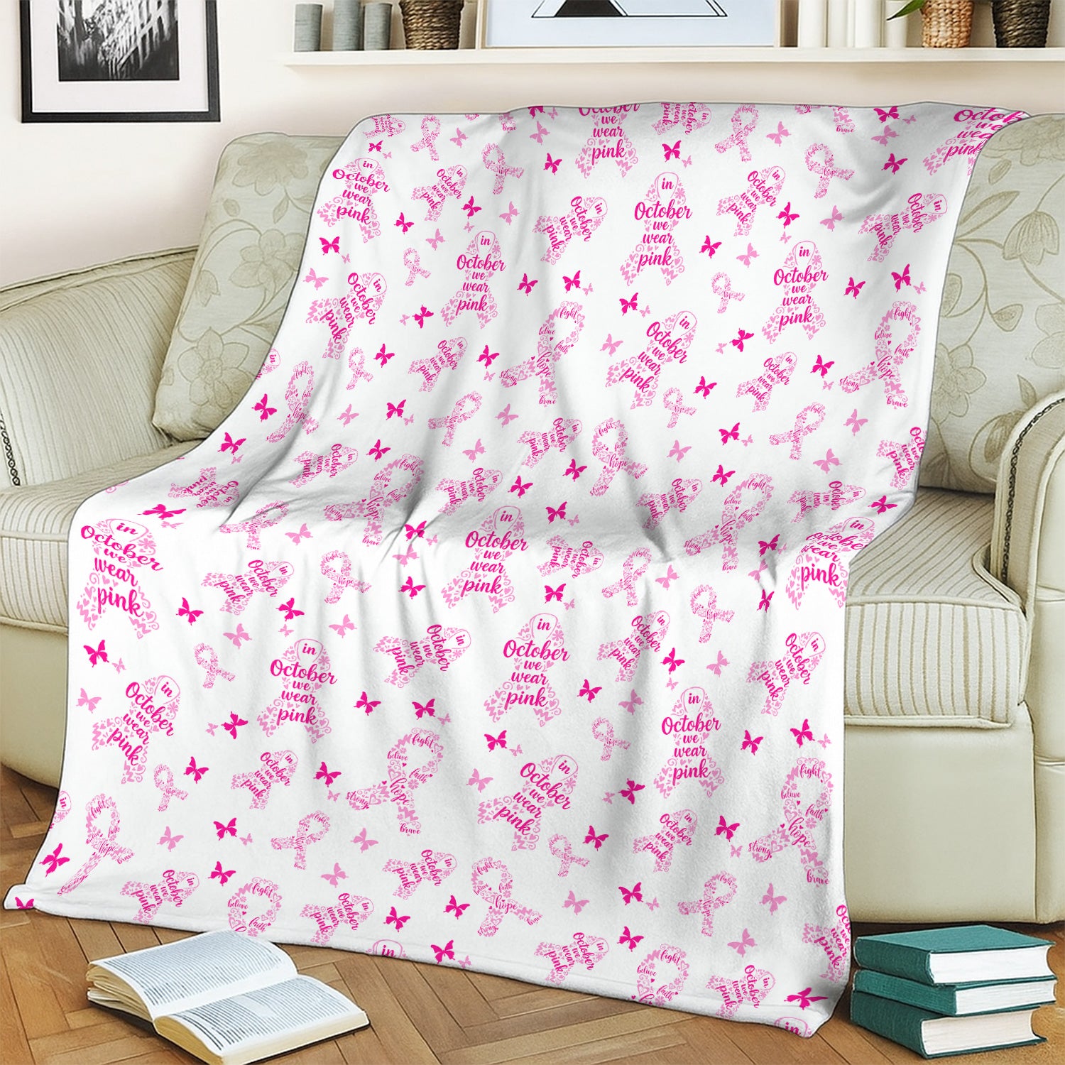Custom October Awareness Blanket with Pink Ribbons - Inspirational Breast Cancer Support Throw - Gift for RN, CNA, LPN