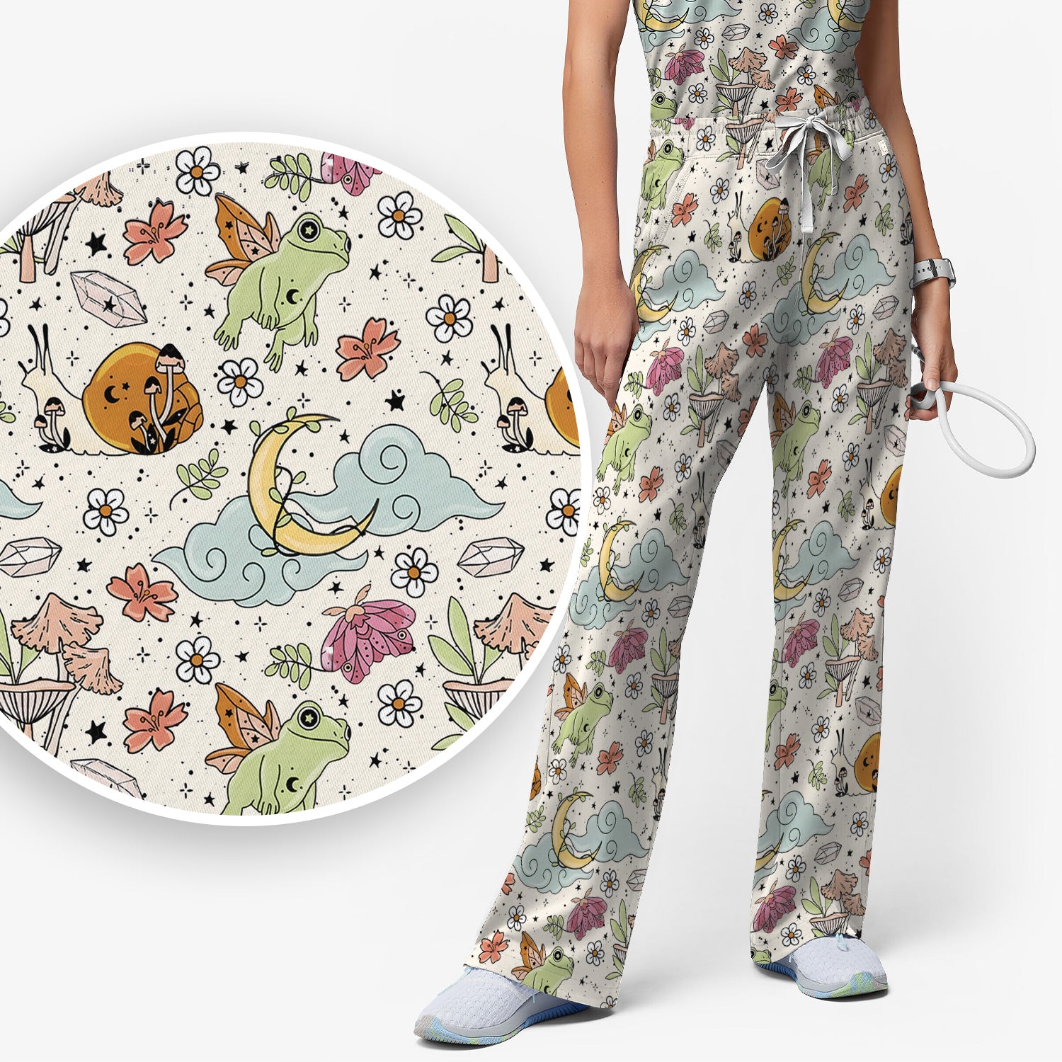 Whimsical Frog Moon Mushroom Pattern Scrub Set, Fantasy Nature Print, Breathable Med Uniform